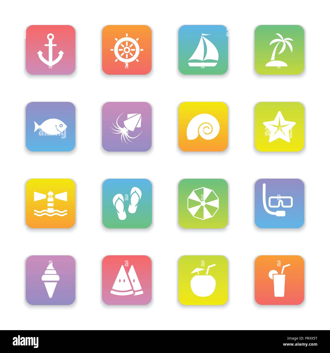 [EPS10] gradient colored flat beach and summer icon set on rounded ...