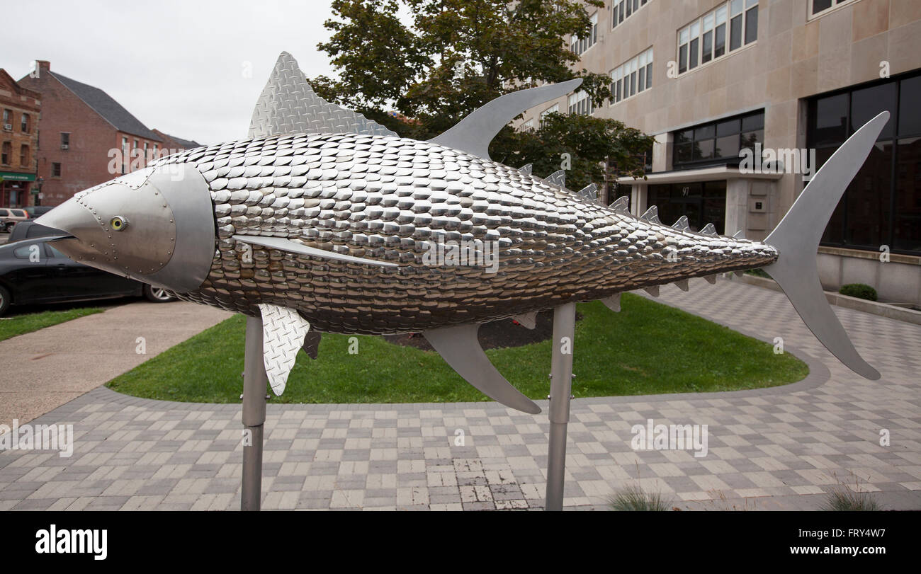 CHARLOTTETWON, PEI - SEPTEMBER 2,2013: Bluefin Bullet is the name of this life-size sculpture of a bluefin tuna in downtown Char Stock Photo