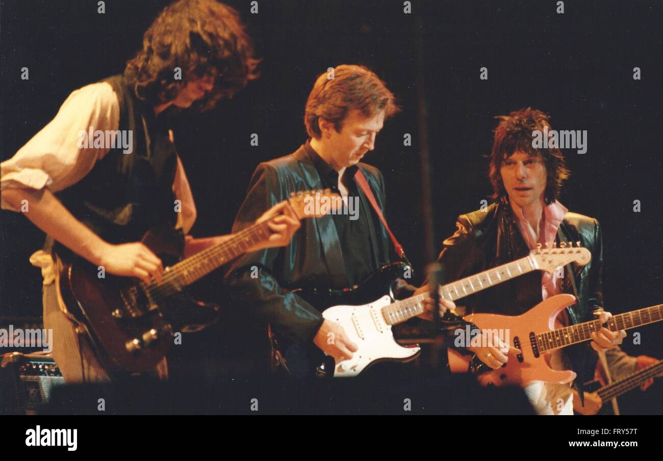Jimmy Page,Eric Clapton, Jeff Beck,  ARMS Benifit concert Madison Square Garden, NY  12/8/1983  photo Michael Brito Stock Photo