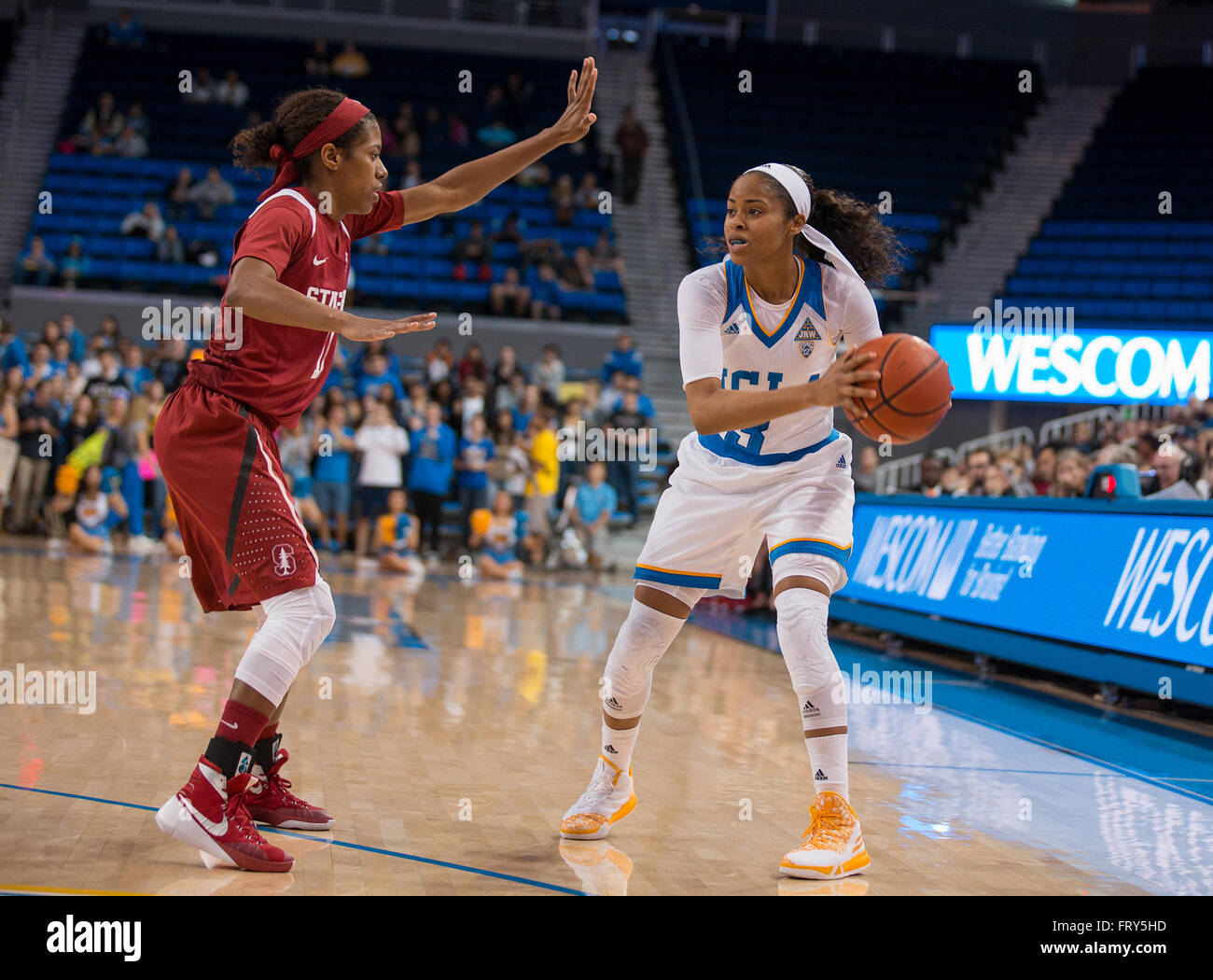 Westwood, CA. 21st Jan, 2016. UCLA Bruins guard (3) Jordin Canada looks to drive to the basket against a Stanford defender during a Pac-12 game between the Stanford Cardinal and the UCLA Bruins at Pauley Pavilion in Westwood, California. UCLA defeated Stanford 56-36.(Mandatory Credit: Juan Lainez/MarinMedia/Cal Sport Media) © csm/Alamy Live News Stock Photo