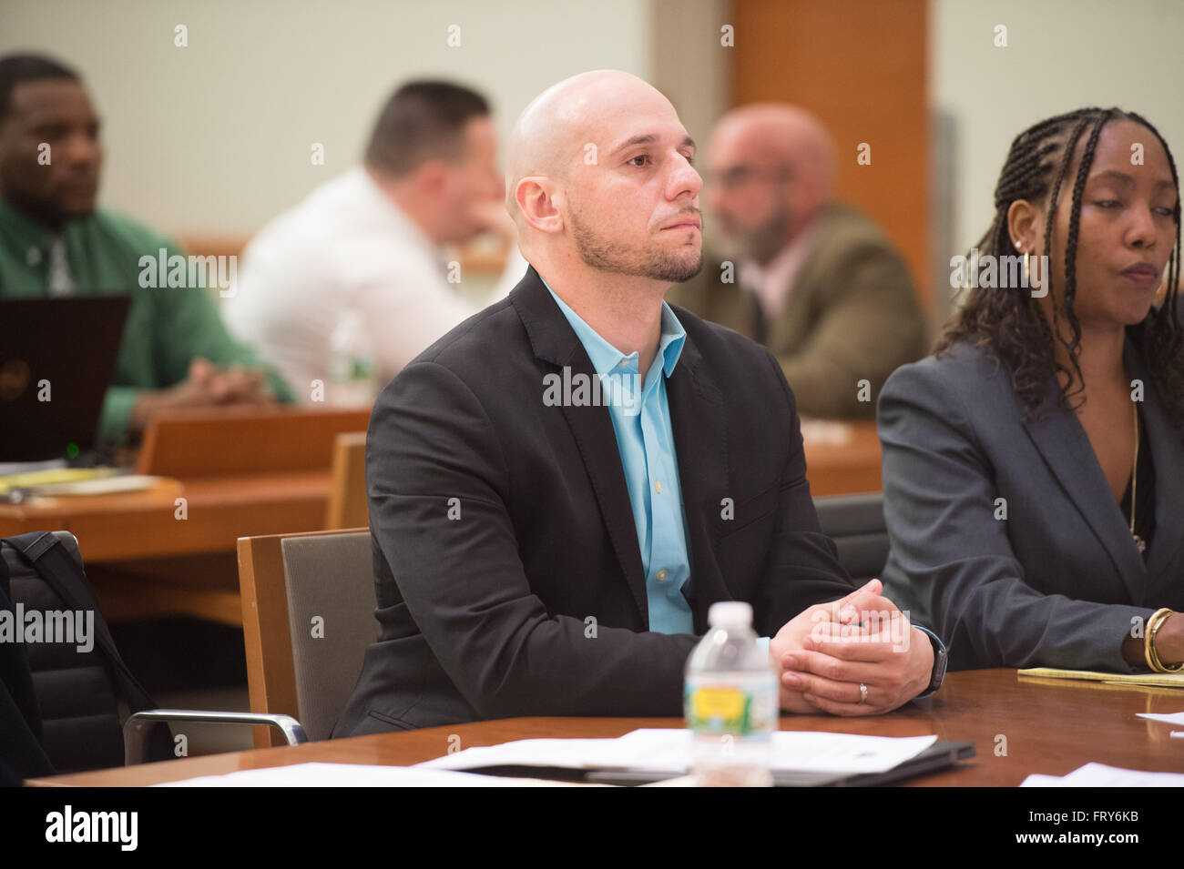 New York, NY, USA. 23rd Mar, 2016. Rikers Corrections Officer DAVID RODRIGUEZ in the courtroom on opening day in the Bronx Supreme Court trial of Rikers Island Correction Officers in the beating of inmate Jahmal Lightfoot Wednesday, March 23, 2016. © Bryan Smith/ZUMA Wire/Alamy Live News Stock Photo