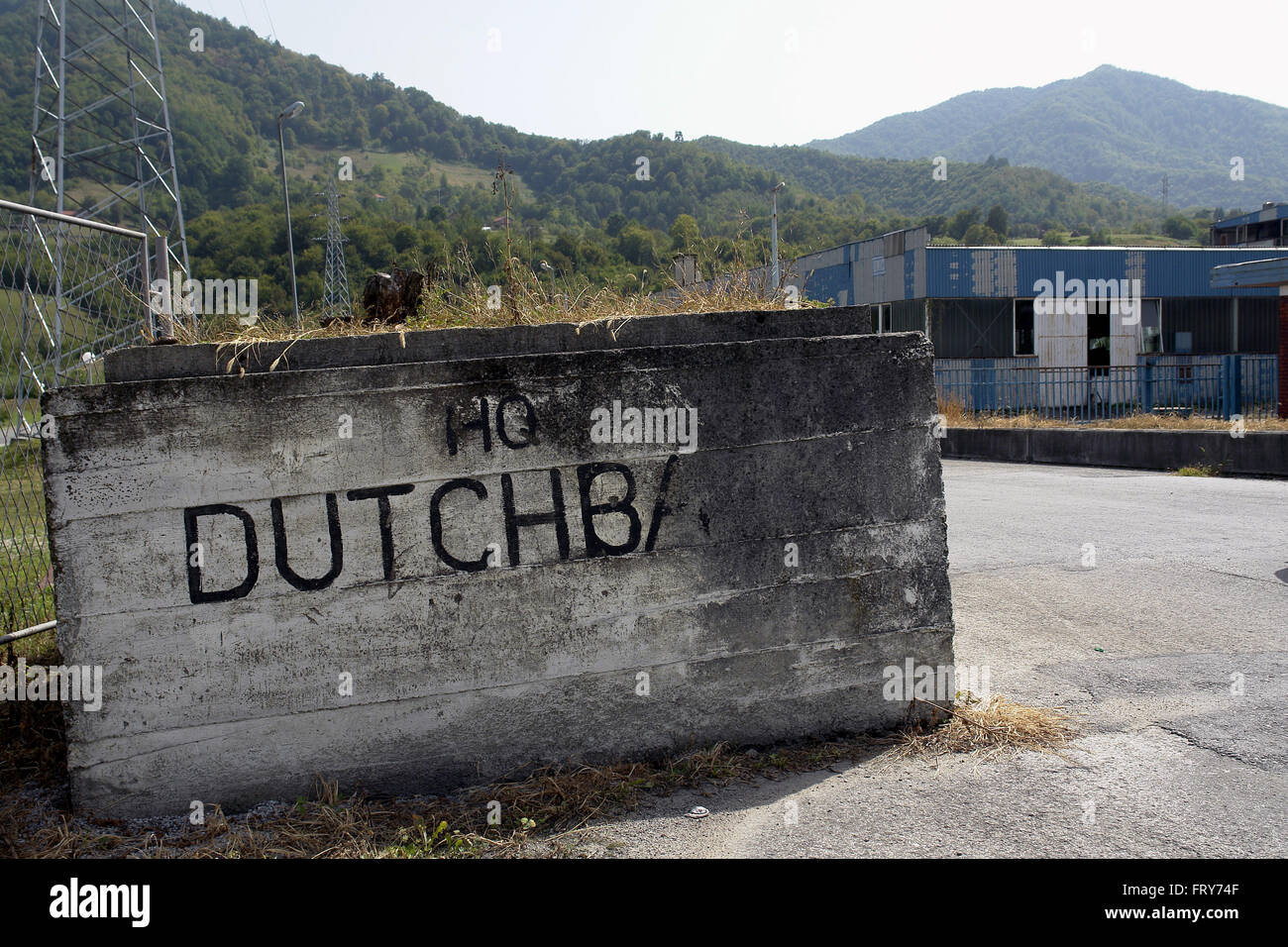 Dutchbat compound on the opposite of the Potocari Memorial Center near Srebrenica ,the cemetery of identified Bosniak civilians killed in Srebrenica in 1995. Some 2500 genocide victims have been laid to rest here. Radovan Karadzic, the Bosnian Wartime and Stock Photo