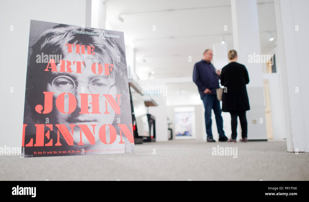 Hanover, Germany. 24th Mar, 2016. An exhibition poster pictured at the entrance to the 'The Art of John Lennon' exhibition at Theatermuseum in Hanover, Germany, 24 March 2016. Gold records, artwork, and many collector's items related to the musician and artist John Lennon will be shown in the Theatermuseum until 05 June 2016. Photo: JULIAN STRATENSCHULTE/dpa/Alamy Live News Stock Photo