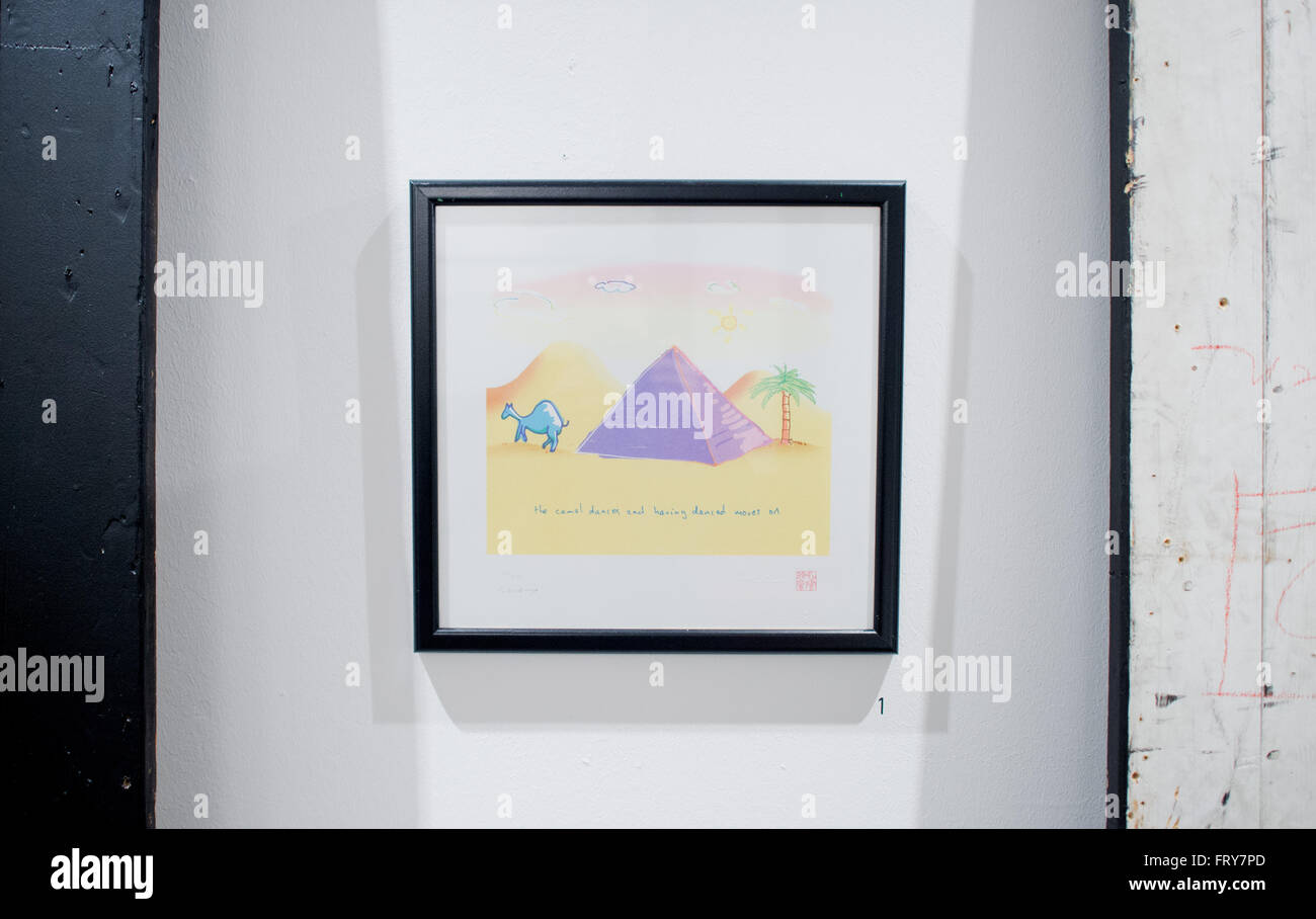 Hanover, Germany. 24th Mar, 2016. An picture created by John Lennon for his son is on display in the 'The Art of John Lennon' exhibition at Theatermuseum in Hanover, Germany, 24 March 2016. Gold records, artwork, and many collector's items related to the musician and artist John Lennon will be shown in the Theatermuseum until 05 June 2016. Photo: JULIAN STRATENSCHULTE/dpa/Alamy Live News Stock Photo