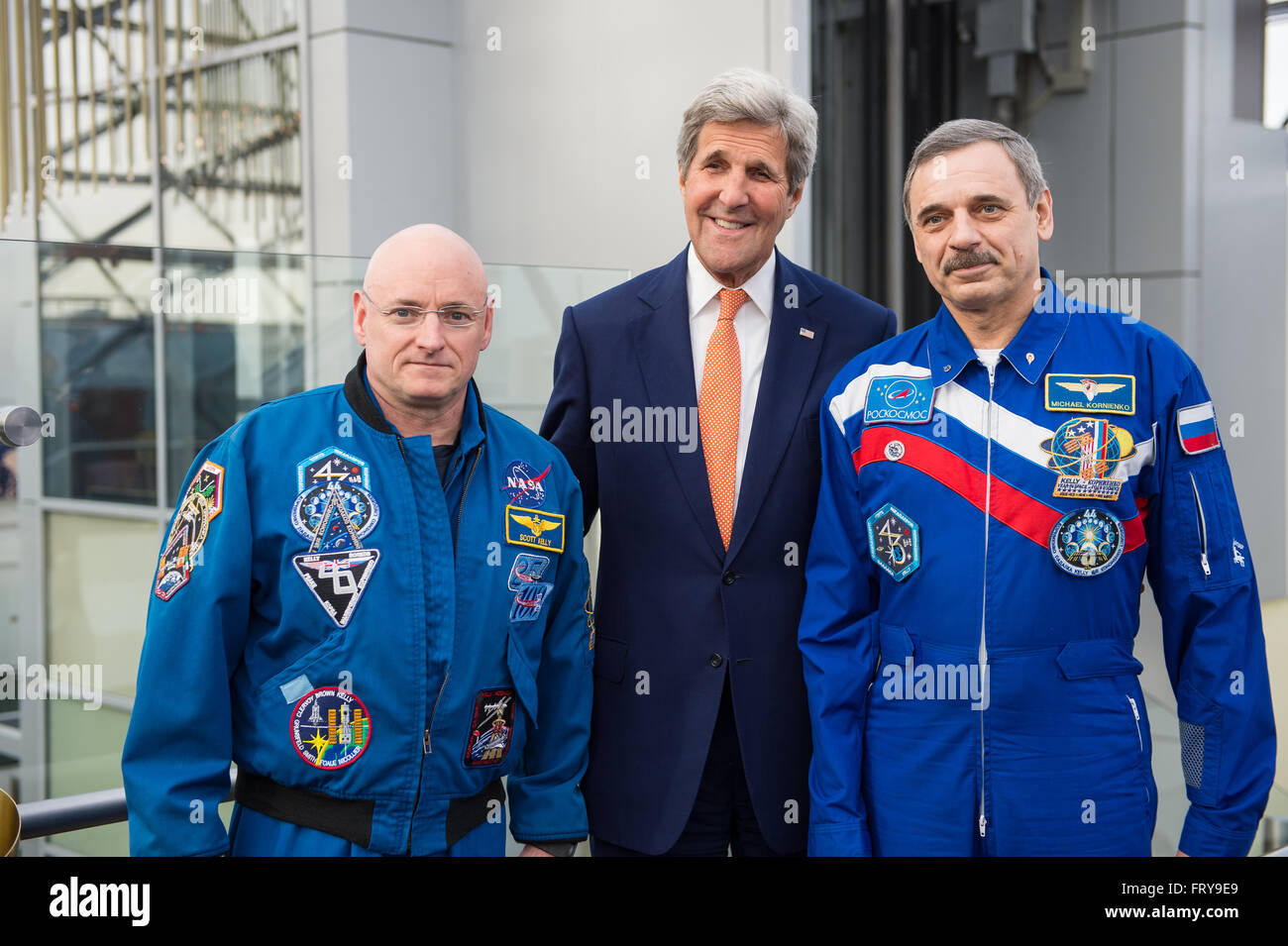 Moscow, Russia. 24th March, 2016.  U.S Secretary of State John Kerry with NASA astronaut Scott Kelly, left, and Russian cosmonaut Mikhail Kornienko during a meeting March 24, 2016 in Moscow, Russia. Kerry took a break from meetings on Syria to join the space travelers to discuss their record year-long stay aboard the International Space Station. Credit:  Planetpix/Alamy Live News Stock Photo