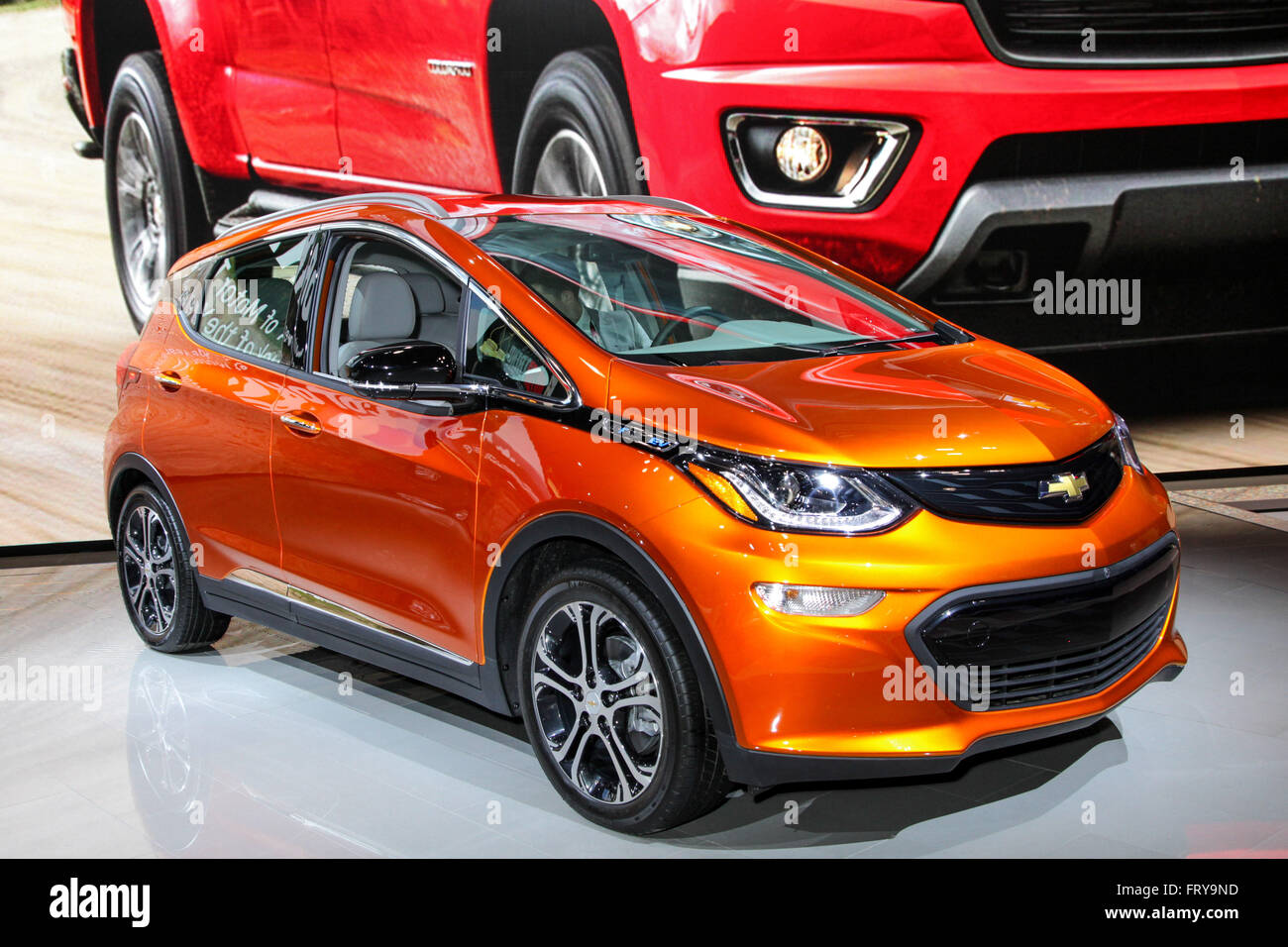 Manhattan, New York, USA. 23rd Mar, 2016. A Chevrolet Bolt EV shown at the New York International Auto Show 2016, at the Jacob Javits Center. This was Press Preview Day one of NYIAS, and the Trade Show will be open to the public for ten days, March 25th through April 3rd. Credit:  Miro Vrlik Photography/Alamy Live News Stock Photo