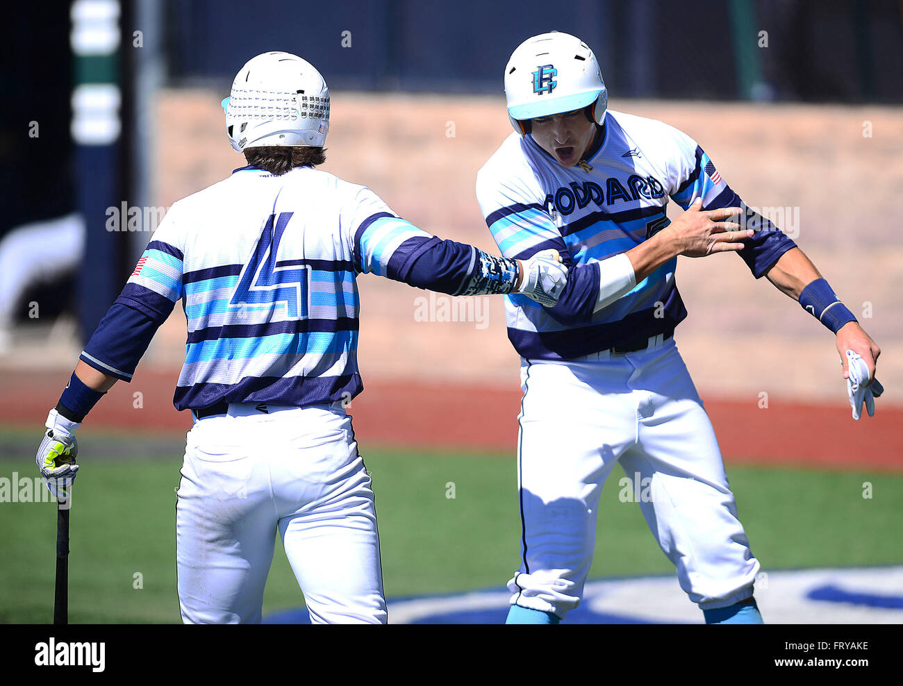 Albuquerque, NEW MEXICO, USA. 24th Mar, 2016. 032416 .Goddard's Mitch Naylor, left congratulates teammate Cameron.Stevenson, after Stevenson scored against Cleveland High School.Photographed on Thursday March 24, 2016. Adolphe Pierre-Louis/JOURNAL. © Adolphe Pierre-Louis/Albuquerque Journal/ZUMA Wire/Alamy Live News Stock Photo