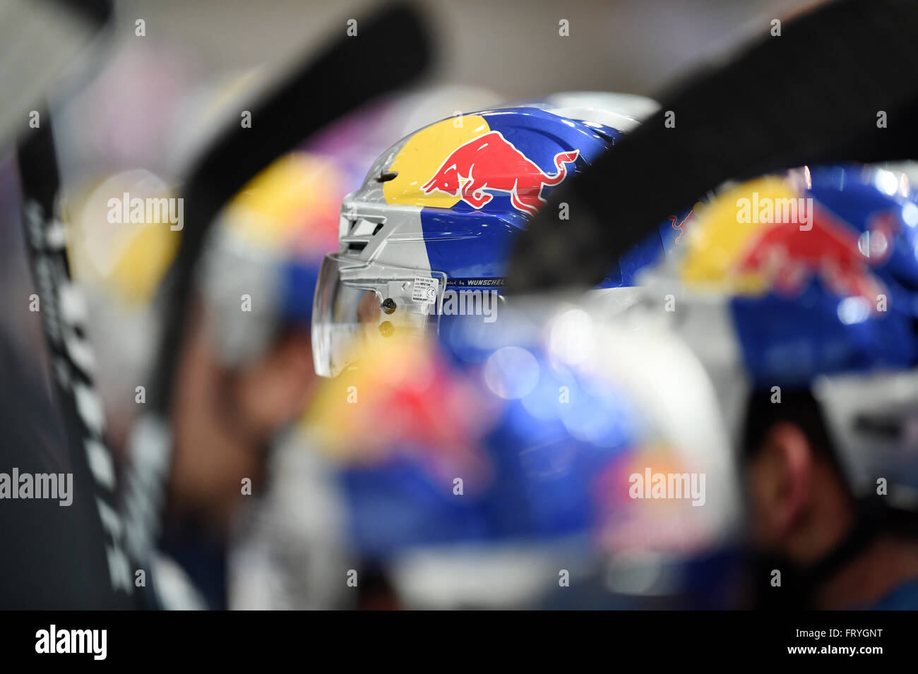 The helmets with the Red Bull logo are ready for the game GER, EHC Red Bull  Muenchen vs HC TIWAK