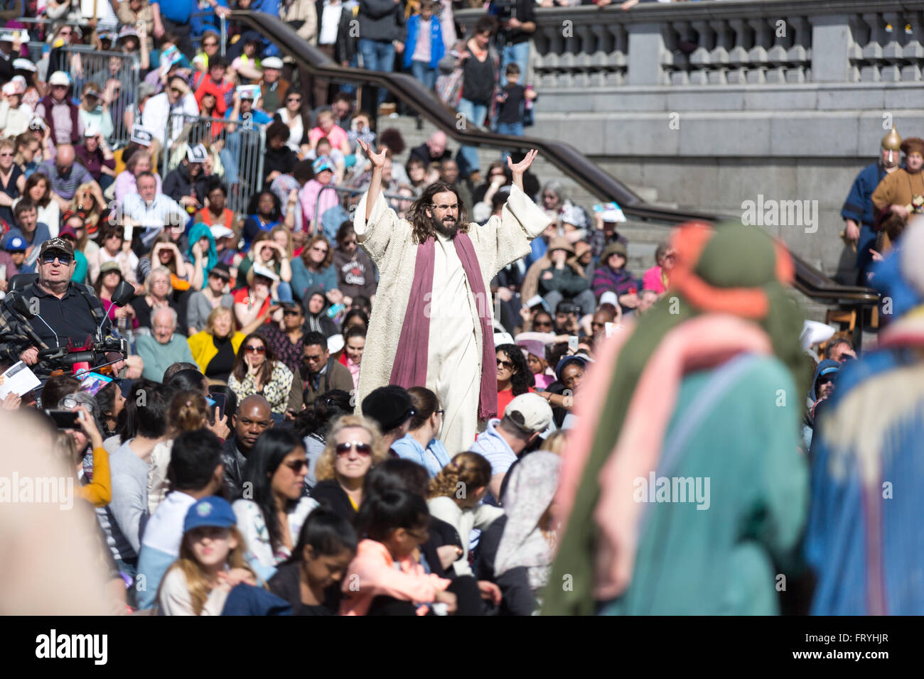 Trafalgar Square, London, UK. 25th March, 2016. On Easter's Good Friday the Wintershall cast performed  the 'Passion' and the resurrection of Jesus Christ using Trafalgar Square as a stage.  copyright Carol Moir/Alamy Live News Stock Photo
