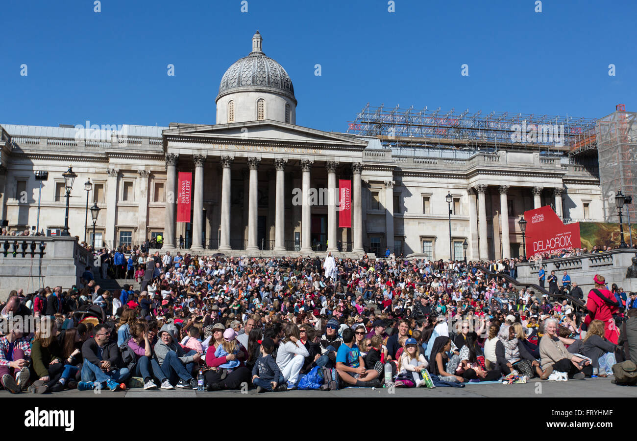 Trafalgar Square, London, UK. 25th March, 2016. On Easter's Good Friday the Wintershall cast performed  the 'Passion' and the resurrection of Jesus Christ using Trafalgar Square as a stage. Jesus, played by actor James Burke-Dunsmore walks through the crowd, after the resurrection. copyright Carol Moir/Alamy Live News Stock Photo