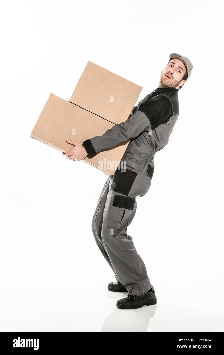 worker carrying too heavy boxes on isolated background Stock Photo Alamy