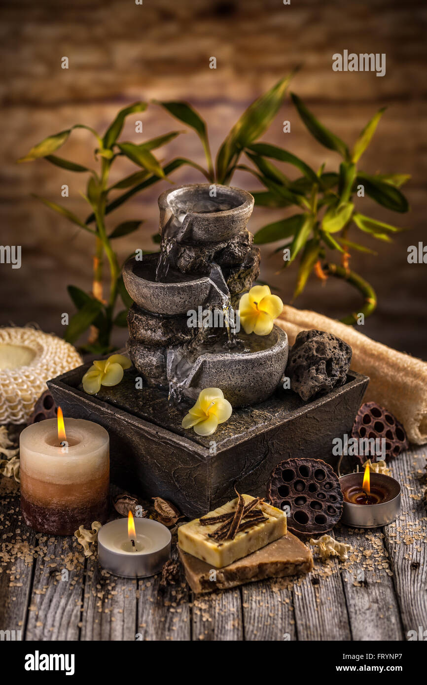 Spa still life with aromatic candles and water fountain Stock Photo Alamy