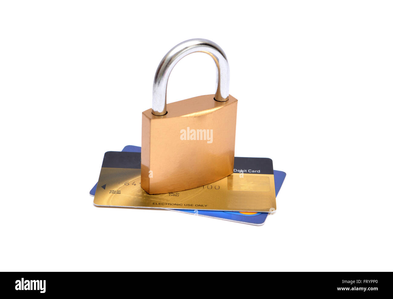 Safety Lock on set of credit debit cards. Stock Photo
