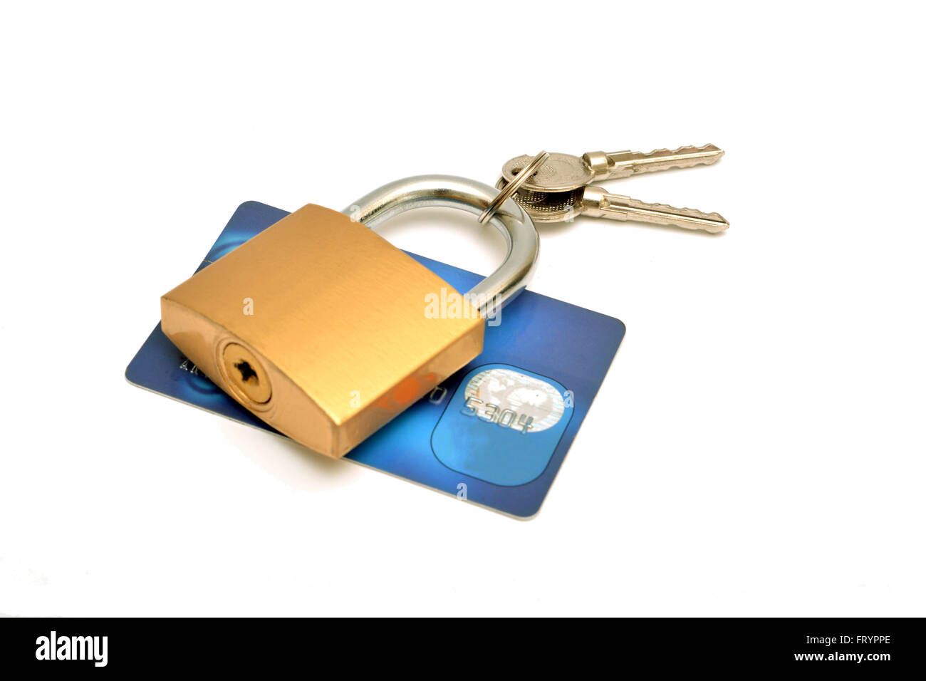 Padlock on credit card isolated on white background. Stock Photo