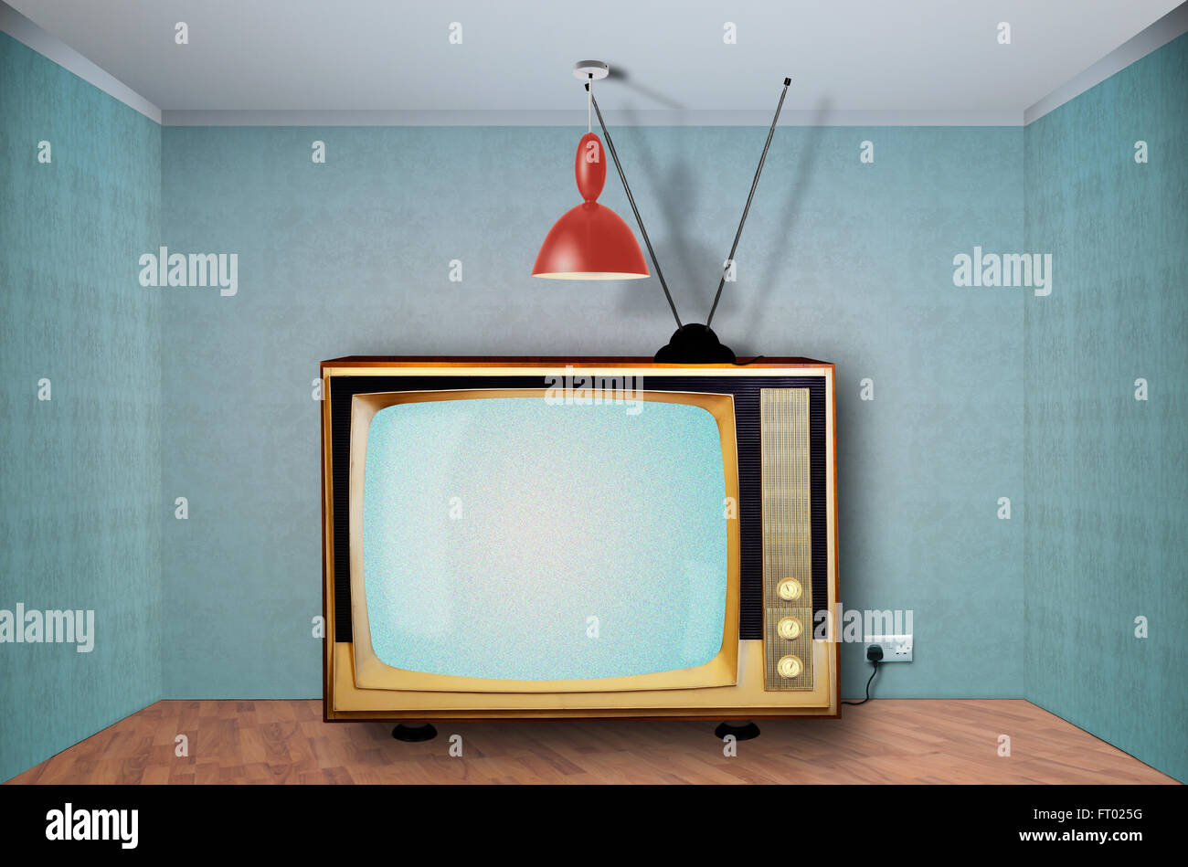 Wide Retro television in an empty room, static station.Digital composite Stock Photo