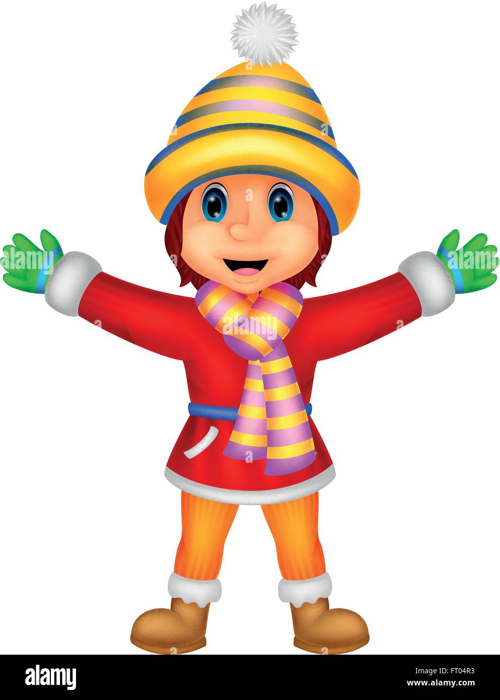 Cartoon illustration of a girl in Winter clothes waving Stock Vector