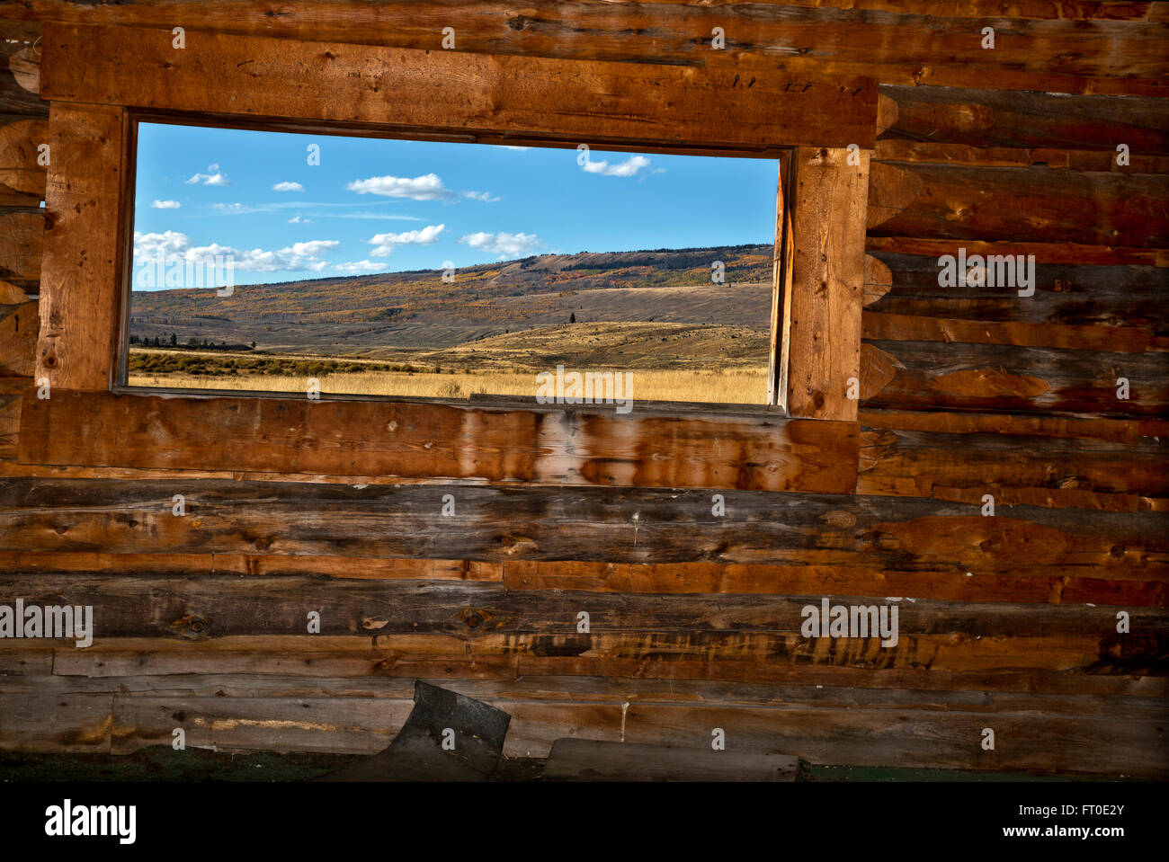 WYOMING - View north from an outbuilding at Osborn Homestead located on edge of the Wind River Range at Lower Green River Lake. Stock Photo
