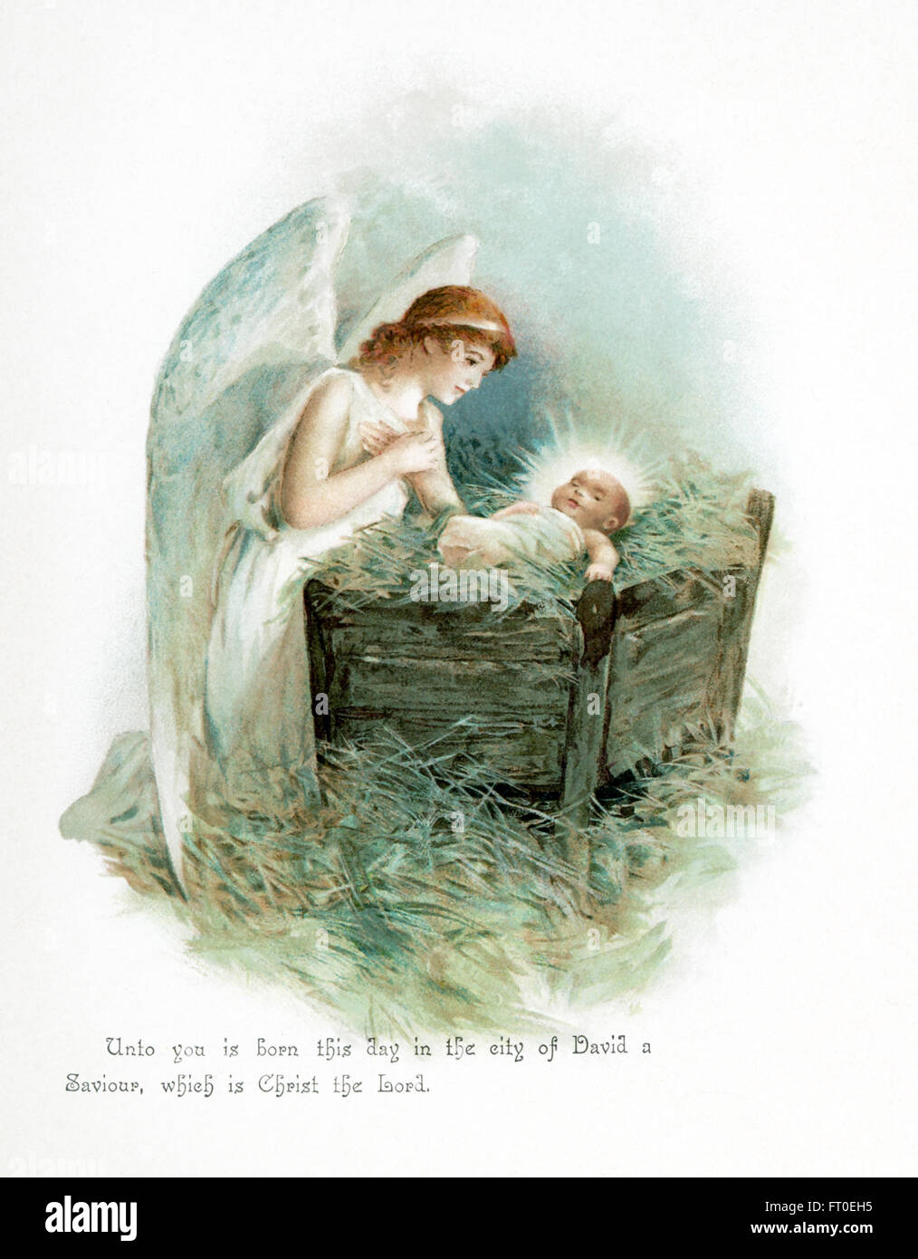 The caption for this illustration reads:Unto you is born this day in the city of David a Savior, which is Christ the Lord. The Christian religion celebrates the birth of Jesus Christ, the central figure of the religion, on December 25. The birth is often referred to as 'the Nativity' and the three main figures are Jesus, his mother Mary, and Mary's husband Joseph. In this 19th century depiction, an angel is shown with the infant Jesus, who is lying in a manger. Stock Photo