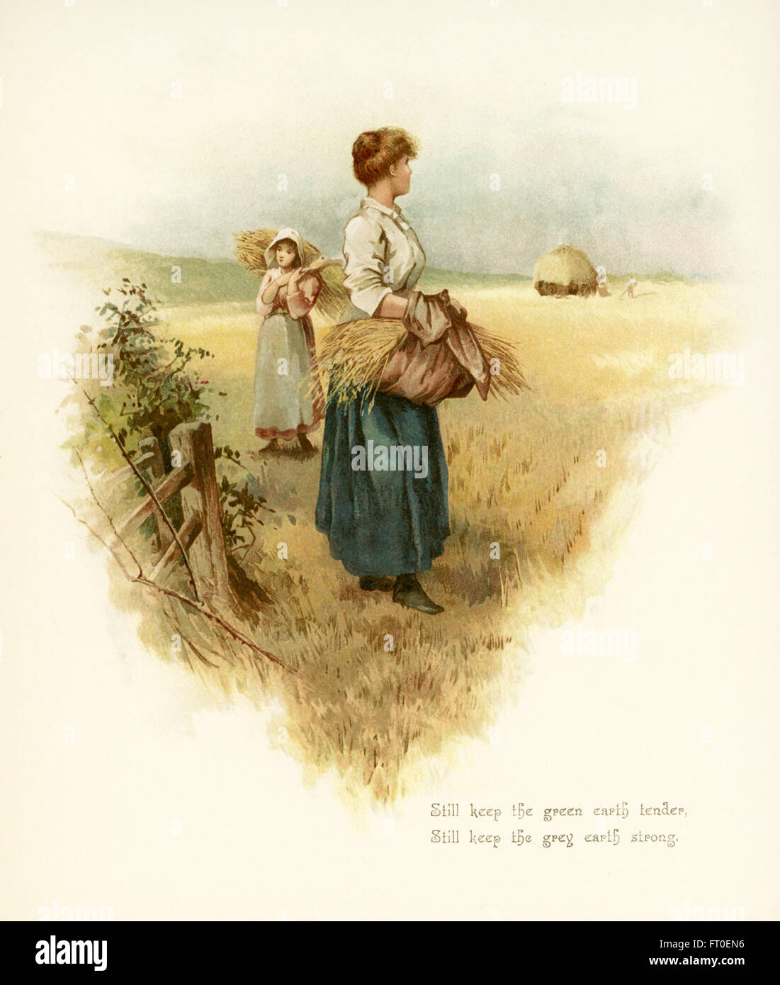 The caption for this illustration reads: Still keep the green earth tender, still keep the grey earth strong. Here two women are working in the hay fields. The scene is fall and harvest time. It  accompanied Phillips Brooks’s Poems.  Brooks was an Episcopalian minister in Boston in the late 1800s. Stock Photo