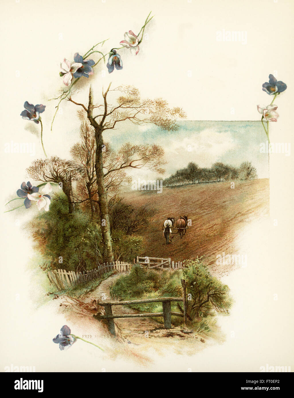 The caption for this illustration reads: For lo! The winter is past, the rain is over and gone. The scene shows a farmer with his horses plowing his field. There is a path leading to the field. This bucolic scene is a farming landscape. It accompanied Phillips Brooks’s Poems.  Brooks was an Episcopalian minister in Boston in the late 1800s. Stock Photo