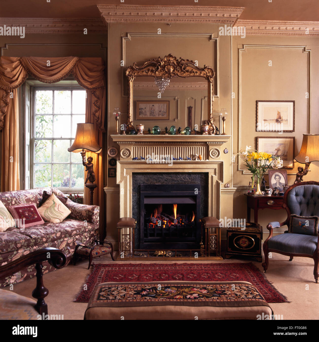 Ornate Antique Mirror Above Fireplace In Georgian Style Drawing