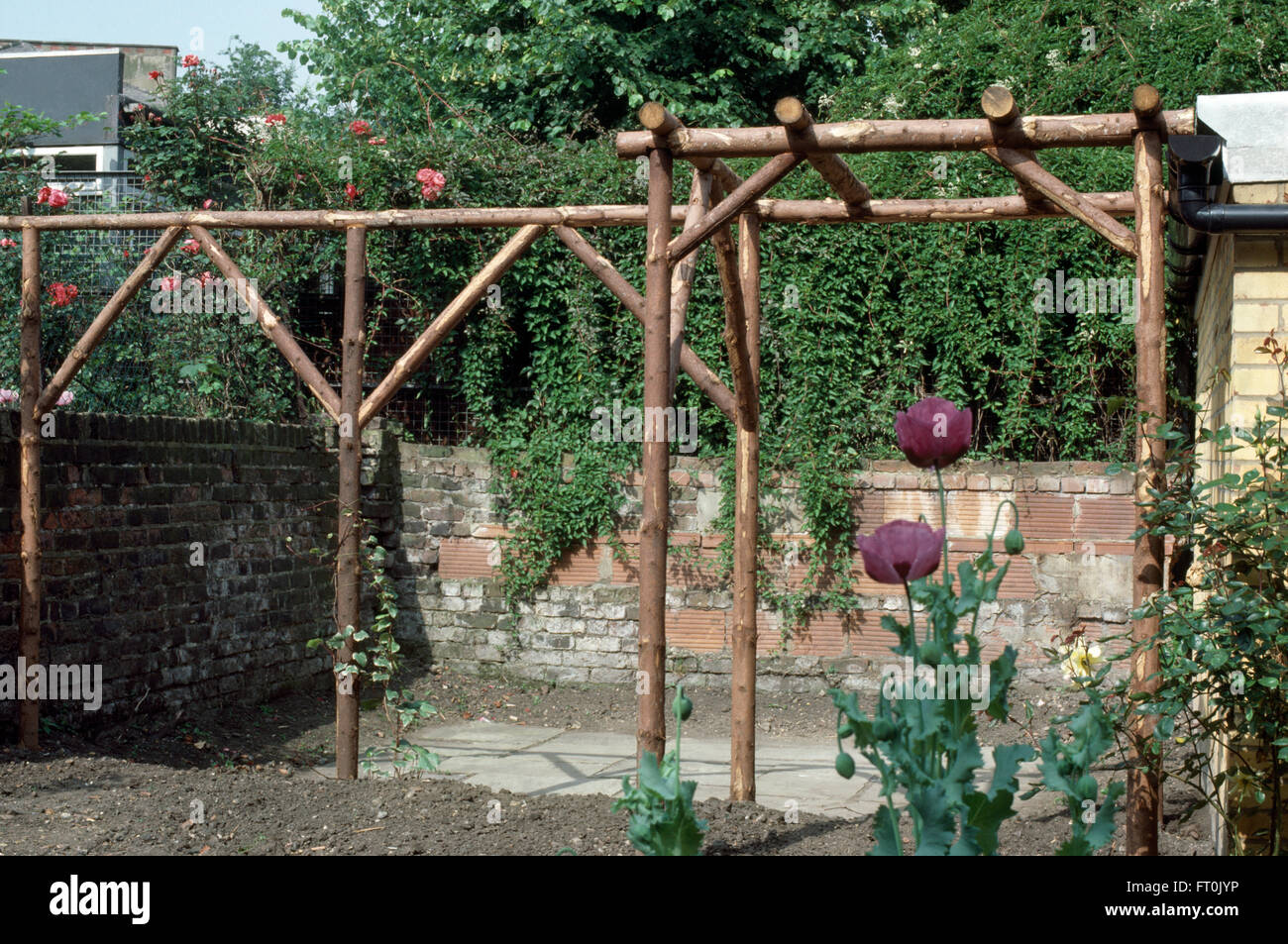 A newly made rustic wooden pergola in a garden undergoing renovation Stock Photo