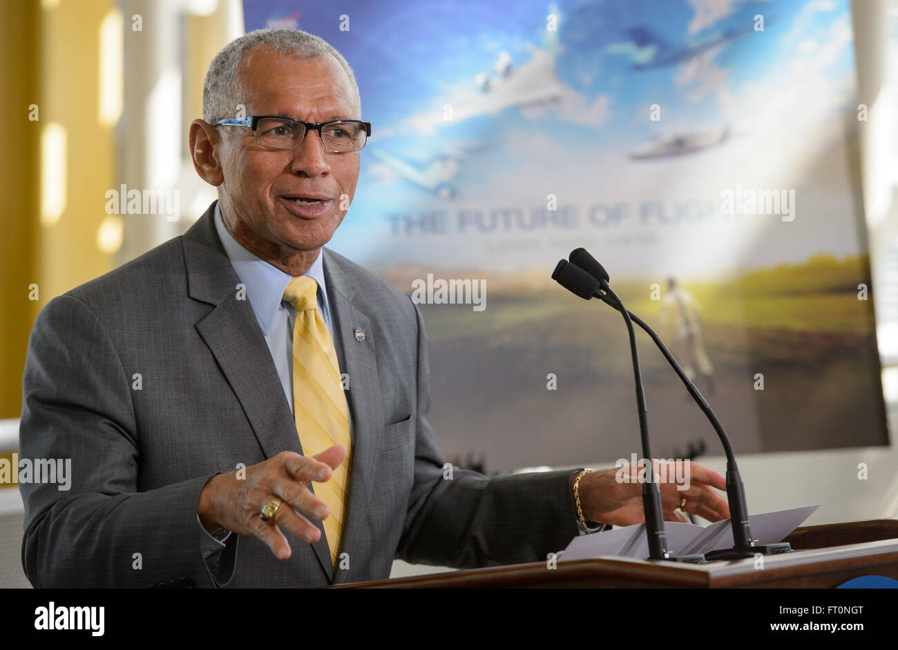 NASA Administrator Charles Bolden is seen during a press conference, Monday, Feb. 29, 2016 at Ronald Reagan Washington National Airport in Arlington, Va.  NASA Administrator Charles Bolden announced the award of a contract for the preliminary design of a &quot;low boom&quot; flight demonstration aircraft as part of NASA's New Aviation Horizons initiative that was introduced in the agency's Fiscal year 2017 budget.  Photo Credit: (NASA/Joel Kowsky) Stock Photo