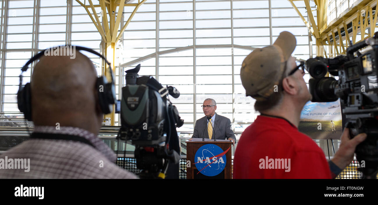NASA Administrator Charles Bolden is seen during a press conference, Monday, Feb. 29, 2016 at Ronald Reagan Washington National Airport in Arlington, Va.  NASA Administrator Charles Bolden announced the award of a contract for the preliminary design of a &quot;low boom&quot; flight demonstration aircraft as part of NASA's New Aviation Horizons initiative that was introduced in the agency's Fiscal Year 2017 budget.  Photo Credit: (NASA/Joel Kowsky) Stock Photo