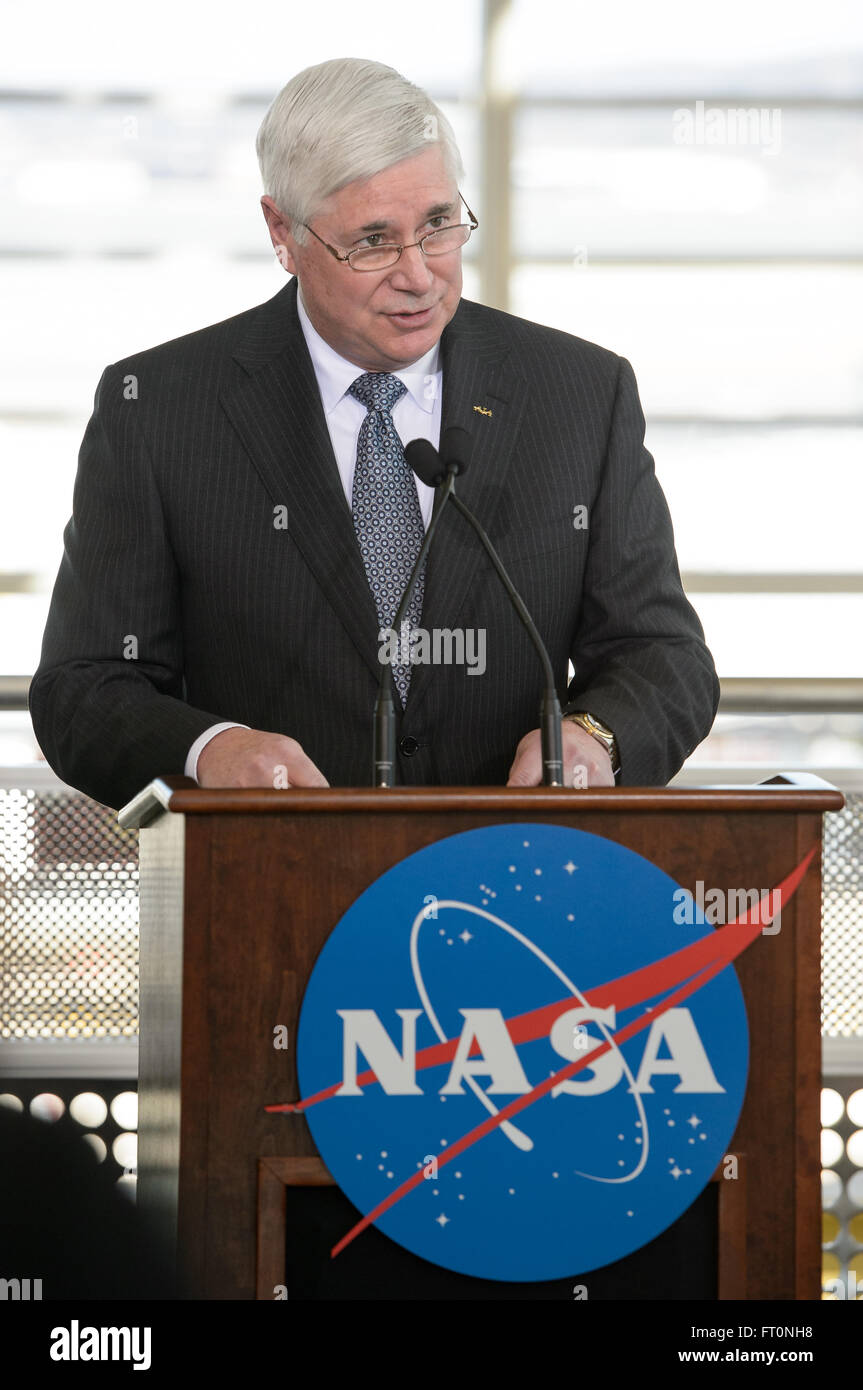 David Melcher, CEO of the Aerospace Industry Association (AIA), is seen during a press conference, Monday, Feb. 29, 2016 at Ronald Reagan Washington National Airport in Arlington, Va.  NASA Administrator Charles Bolden announced the award of a contract for the preliminary design of a &quot;low boom&quot; flight demonstration aircraft as part of NASA's New Aviation Horizons initiative that was introduced in the agency's Fiscal Year 2017 budget.  Photo Credit: (NASA/Joel Kowsky) Stock Photo