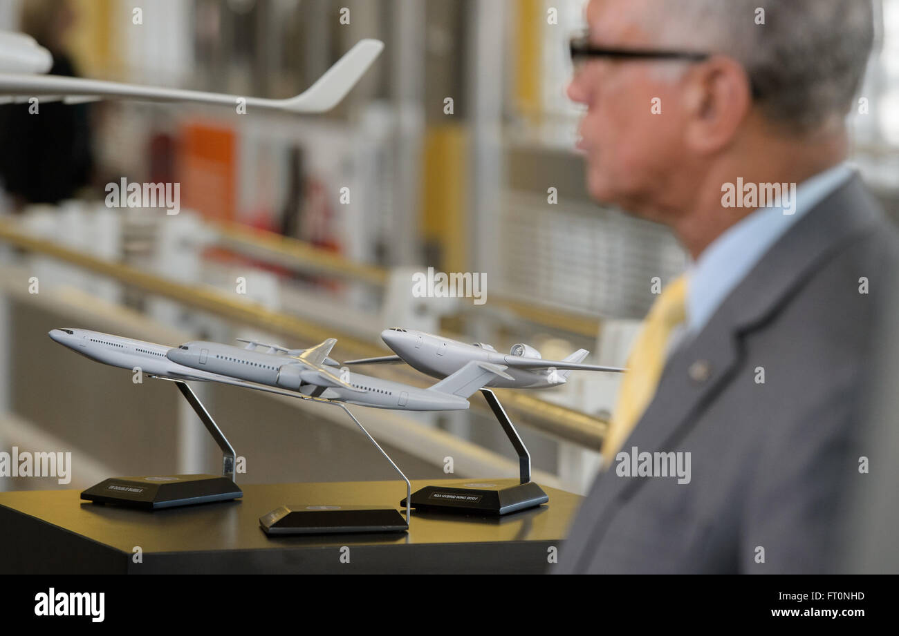 During a press conference on February 29, 2016, various advanced concept aircraft models were displayed at Ronald Reagan Washington National Airport. The event highlighted NASA's New Aviation Horizons initiative, focusing on the development of a low boom flight demonstration aircraft. Stock Photo