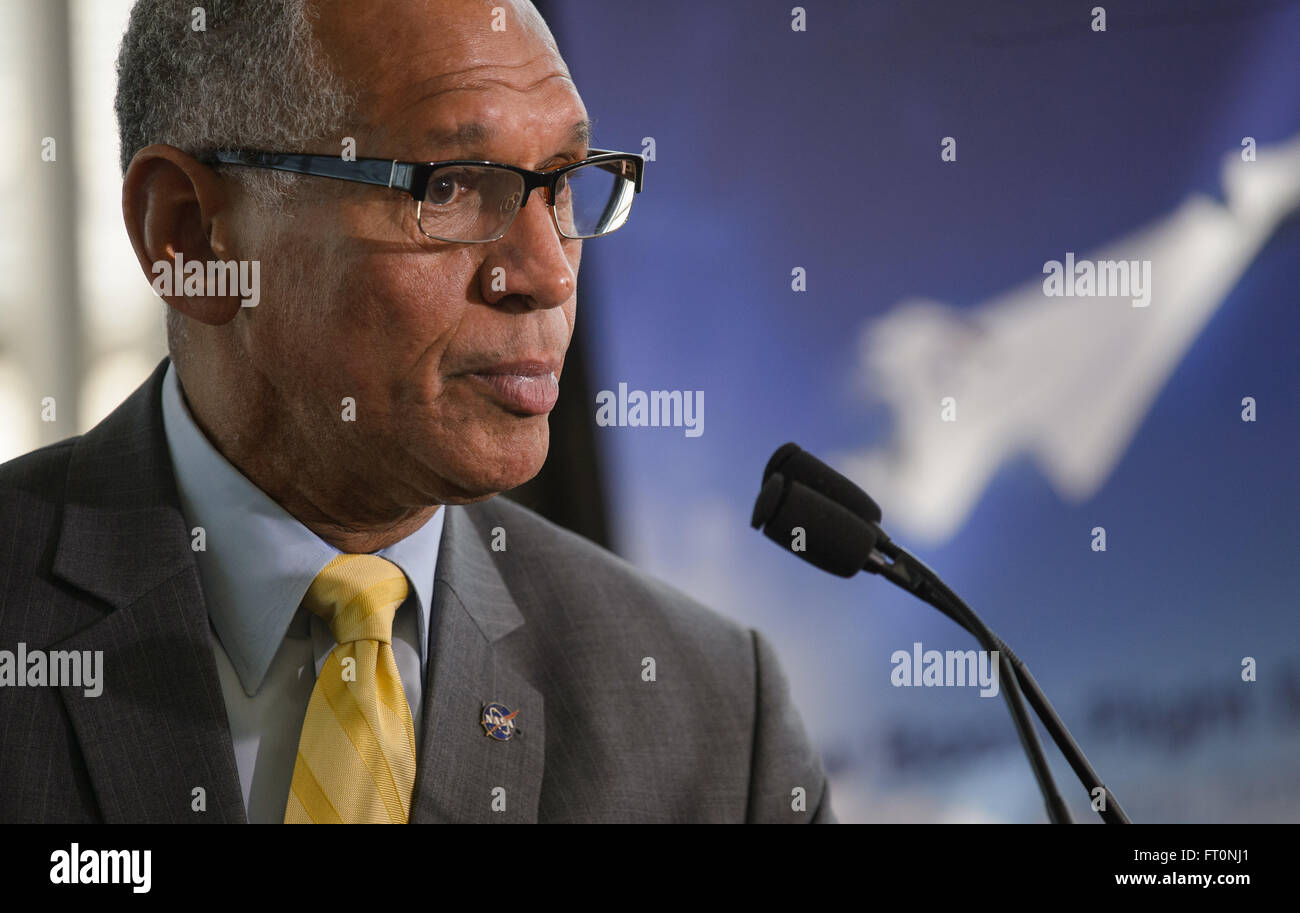 NASA Administrator Charles Bolden answers questions during a press conference, Monday, Feb. 29, 2016 at Ronald Reagan Washington National Airport in Arlington, Va.  Administrator Bolden announced the award of a contract for the preliminary design of a &quot;low boom&quot; flight demonstration aircraft as part of NASA's New Aviation Horizons initiative that was introduced in the agency's Fiscal Year 2017 budget.  Photo Credit: (NASA/Joel Kowsky) Stock Photo