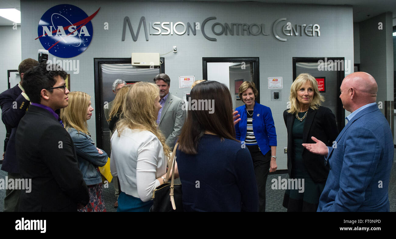 Dr. Jill Biden, accompanied by NASA's Ellen Ochoa and astronaut Mark Kelly, welcomes home astronaut Scott Kelly after his year-long mission aboard the International Space Station. Stock Photo