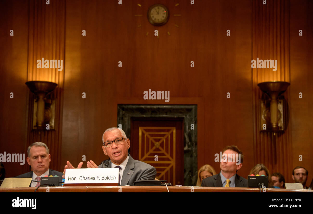 NASA Administrator Charles Bolden testifies before the Senate Commerce, Justice, Science and Related Agencies Subcommittee during a hearing to review the Fiscal Year 2017 budget request and funding justification for the National Aeronautics and Space Administration, Thursday, March 10, 2016, at the Dirksen Senate Office Building in Washington. Stock Photo
