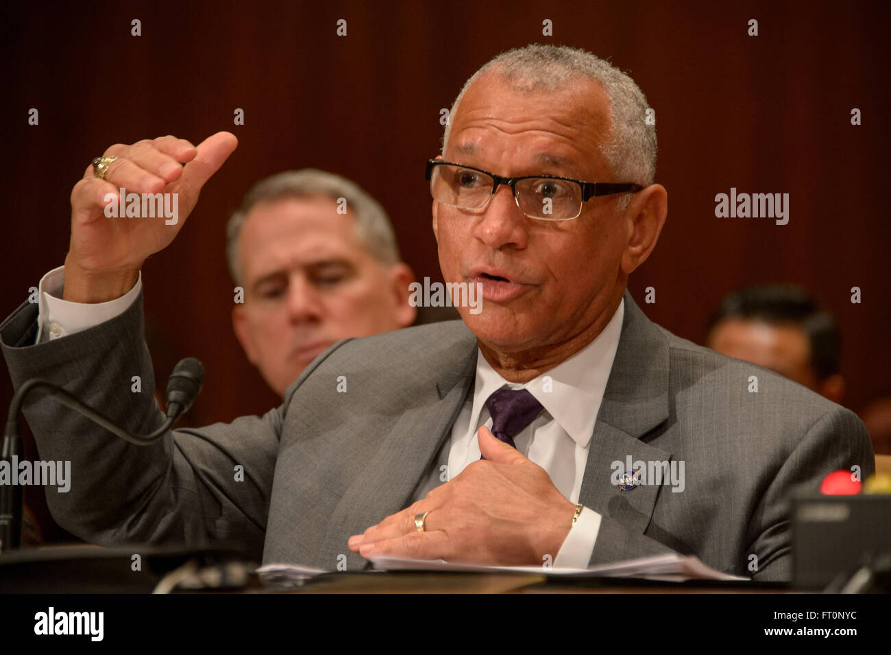 NASA Administrator Charles Bolden testifies before the Senate Commerce, Justice, Science and Related Agencies Subcommittee during a hearing to review the Fiscal Year 2017 budget request and funding justification for the National Aeronautics and Space Administration, Thursday, March 10, 2016, at the Dirksen Senate Office Building in Washington. Stock Photo