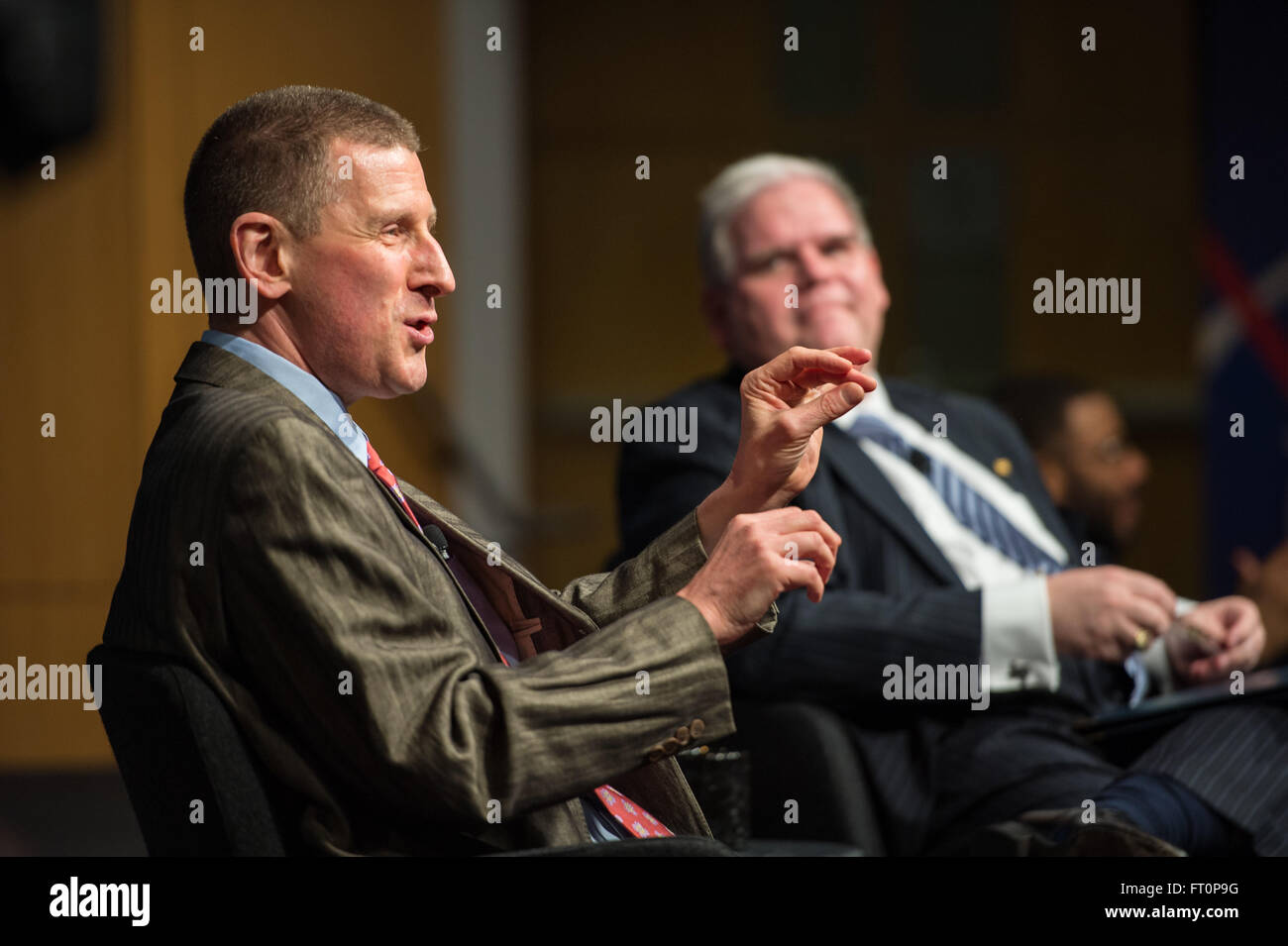 Authors of &quot;We Could Not Fail&quot;, Richard Paul, left, and Steven Moss, right, discuss the historic journey to demographic diversity within the NASA space program at NASA's Black History Month program on Wednesday, February 24, 2016 at NASA Headquarters in Washington, DC. During the program, Dr. George Carruthers and Dr. Katherine Johnson were honored for their contributions to NASA. Stock Photo