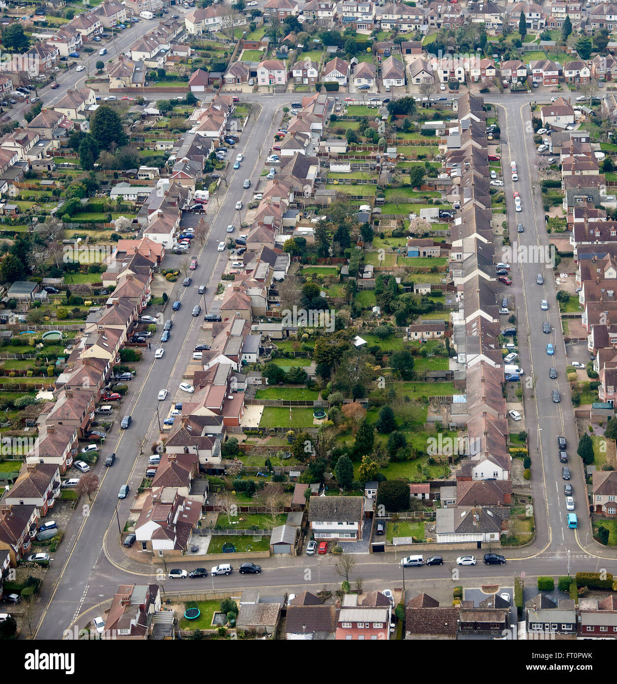 English semi detached suburbia, from the air, Romford, South East England Stock Photo