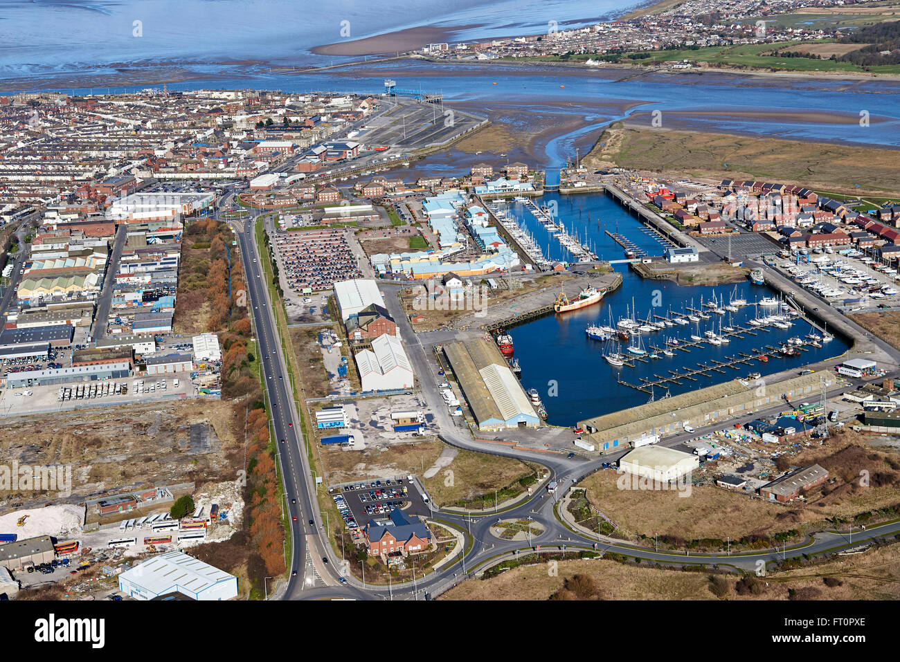 an aerial view of Fleetwood and the Marina, North West England, UK Stock Photo