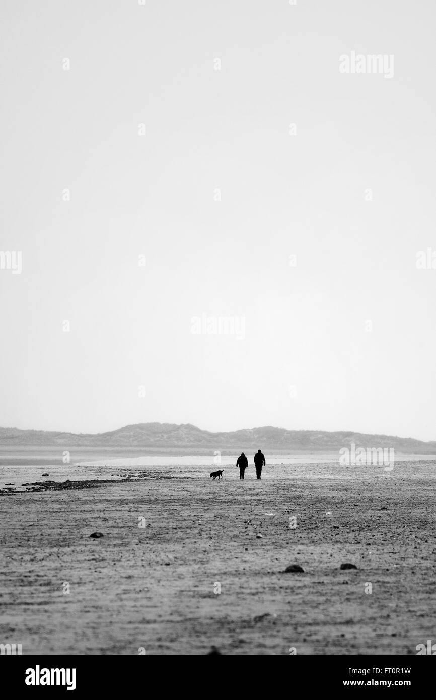 Man and a woman walking with a dog on Brancaster beach, Norfolk, England, UK. Stock Photo