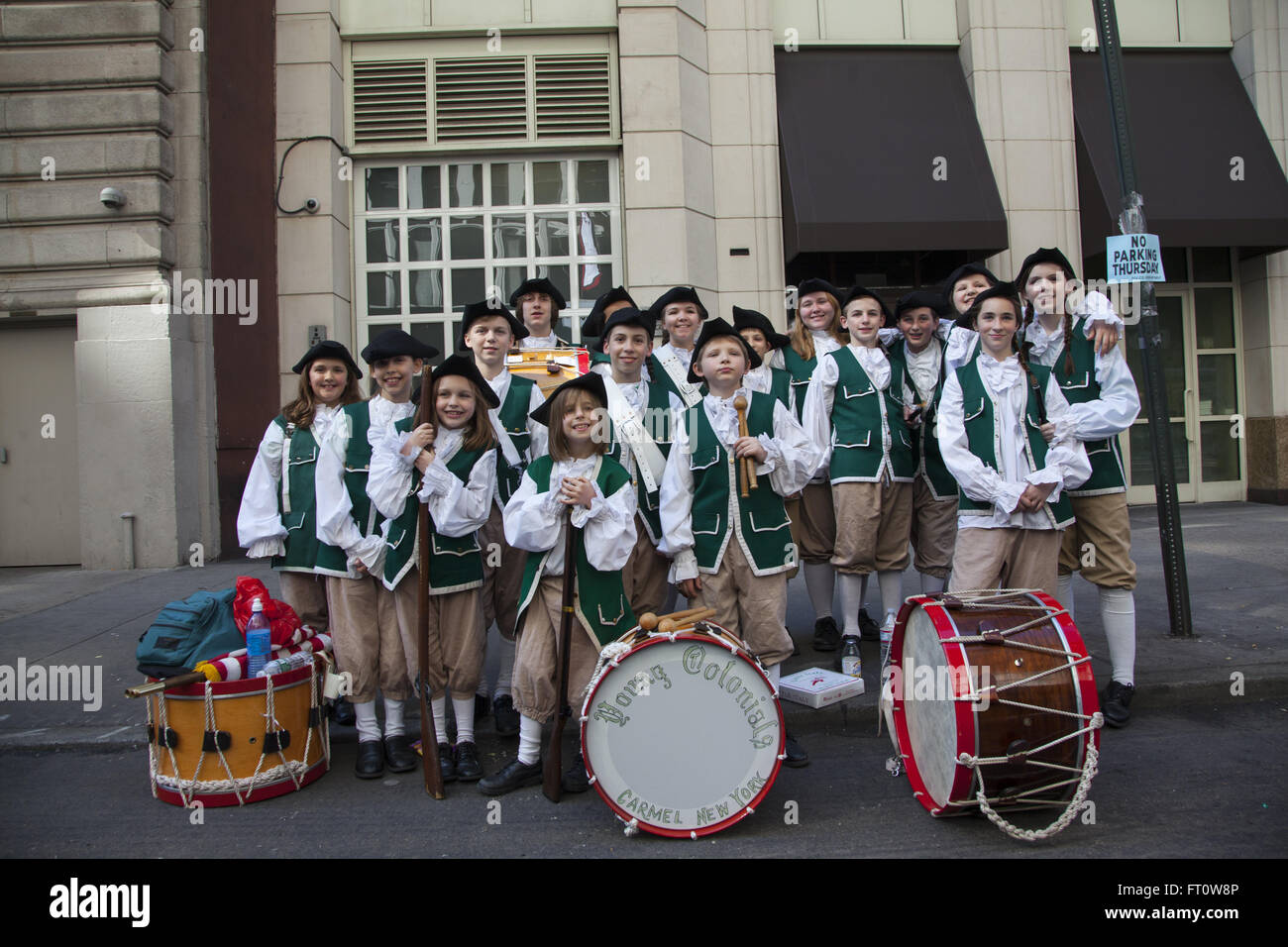 The Young Colonials from Carmel, NY ready to march in the Saint Patrick's Day Parade along 5th Ave. in New York City. Stock Photo