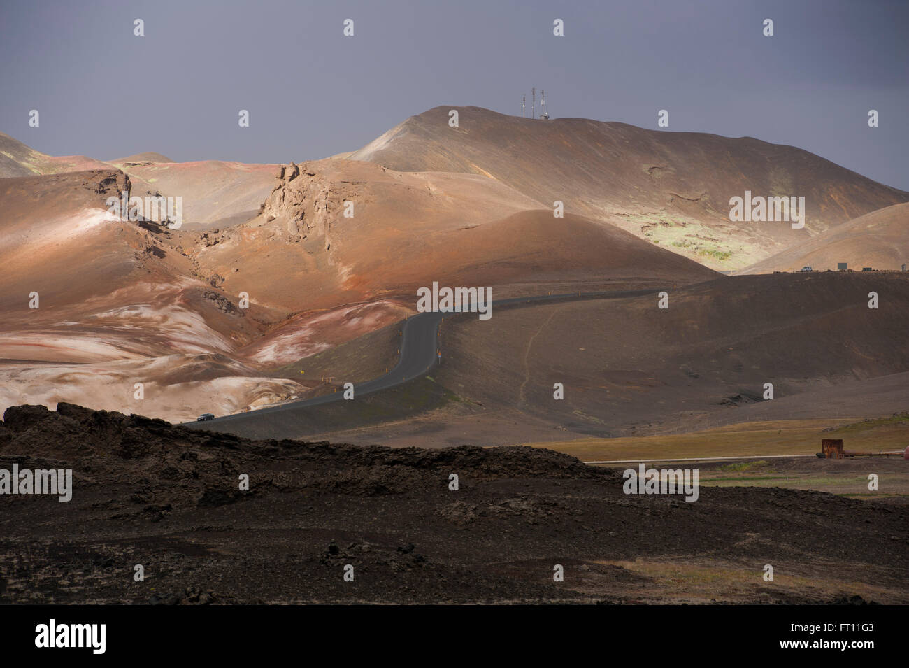 Road through volcanic landscape, Krafla, Nordurland Eystra, Iceland Stock Photo