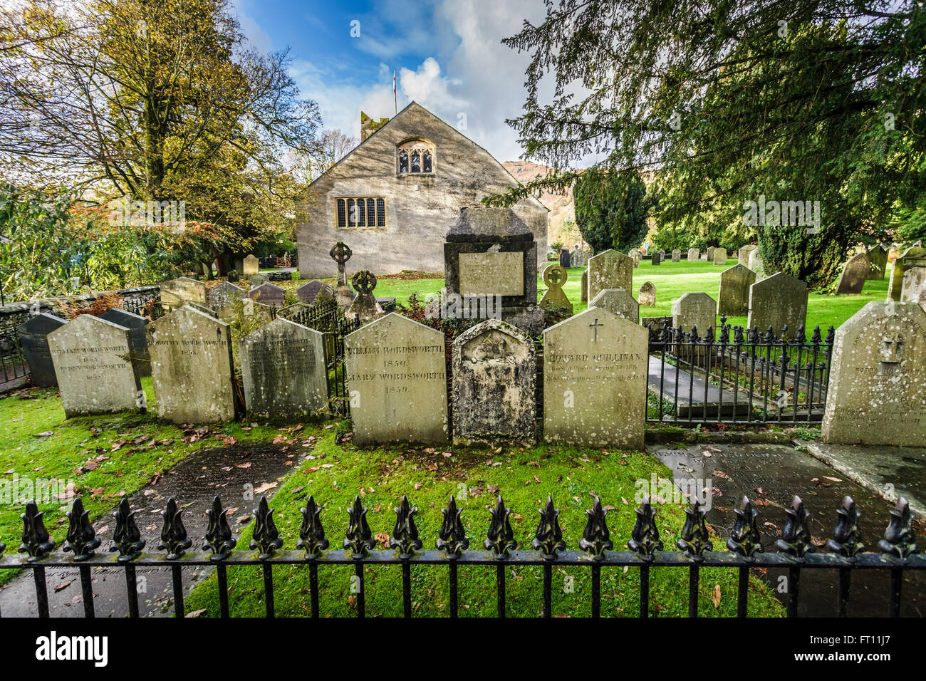 The graves of William Wordsworth and family at St Oswald’s Church, Grasmere in the Lake District. Stock Photo