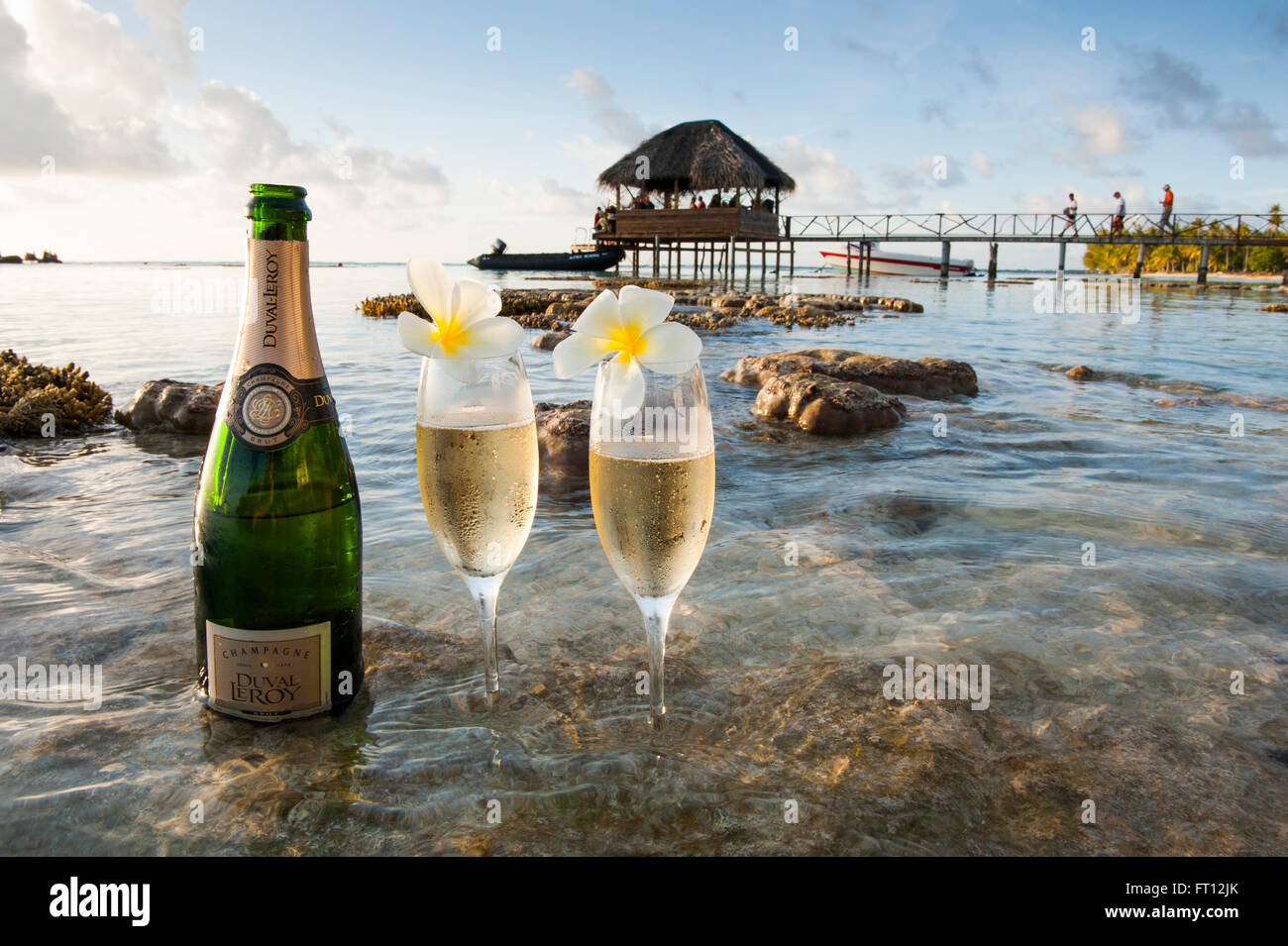 Champagne glasses with frangipani flower decoration for passengers of