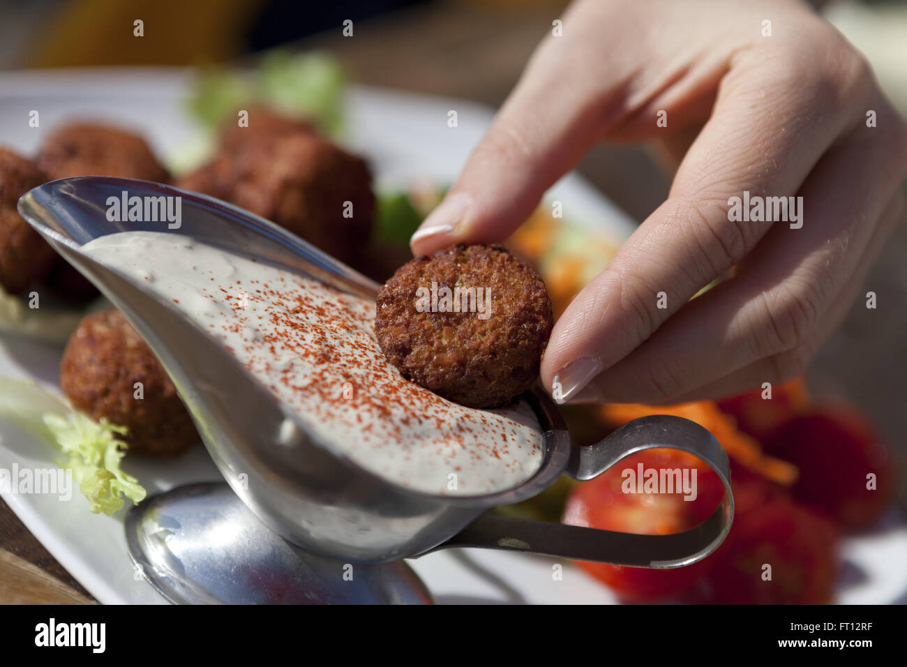 Meal of falafel and humous, Tel-Aviv, Israel, Asia Stock Photo