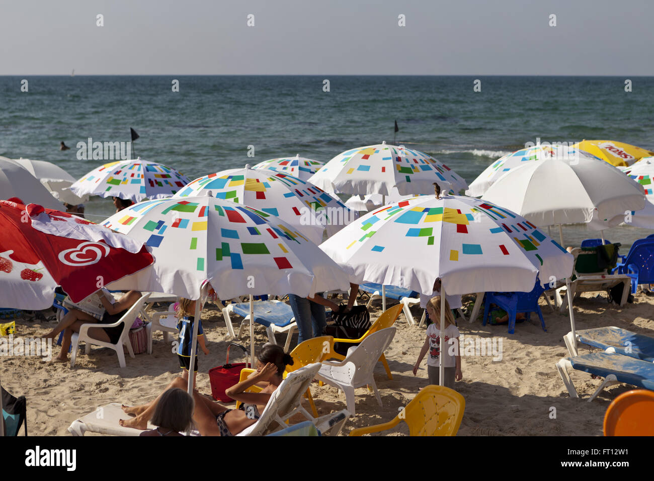 Sunshades on the beaches of Tel-Aviv, Israel, Asia Stock Photo