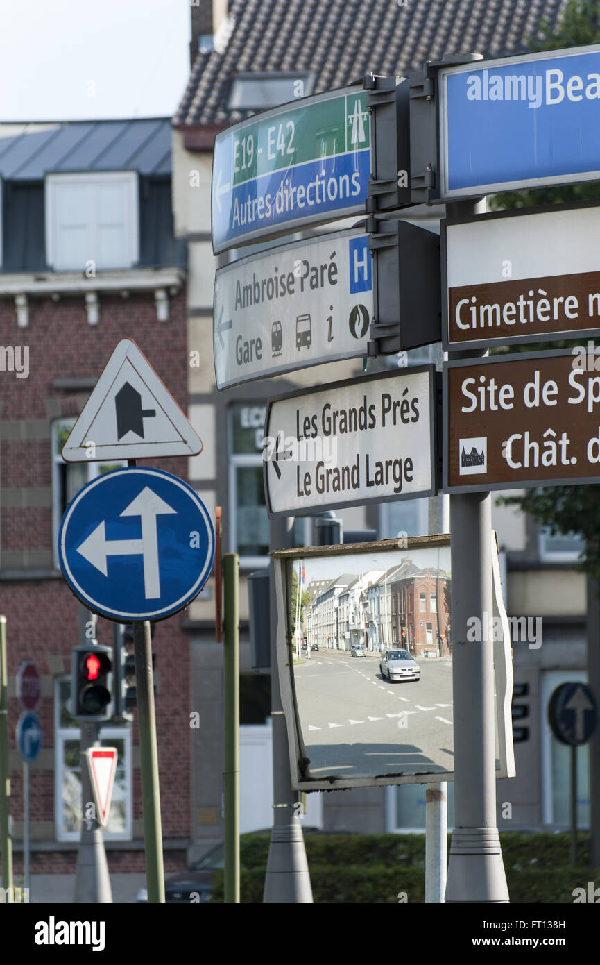 Traffic signs on Bld. Dolez, Mons, Hennegau, Wallonie, Belgium, Europe Stock Photo