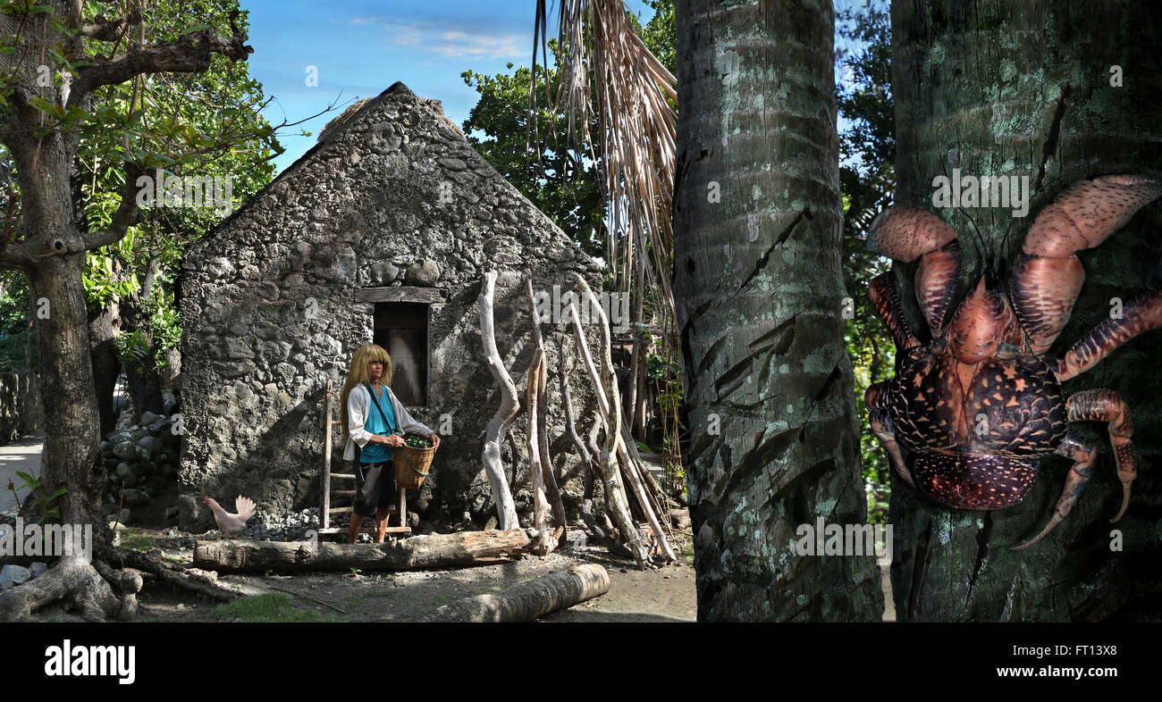 Ivatan woman near an old stone house, coconut crab in a palm tree, Sabtang Island, Batanes, Philippines, Asia Stock Photo