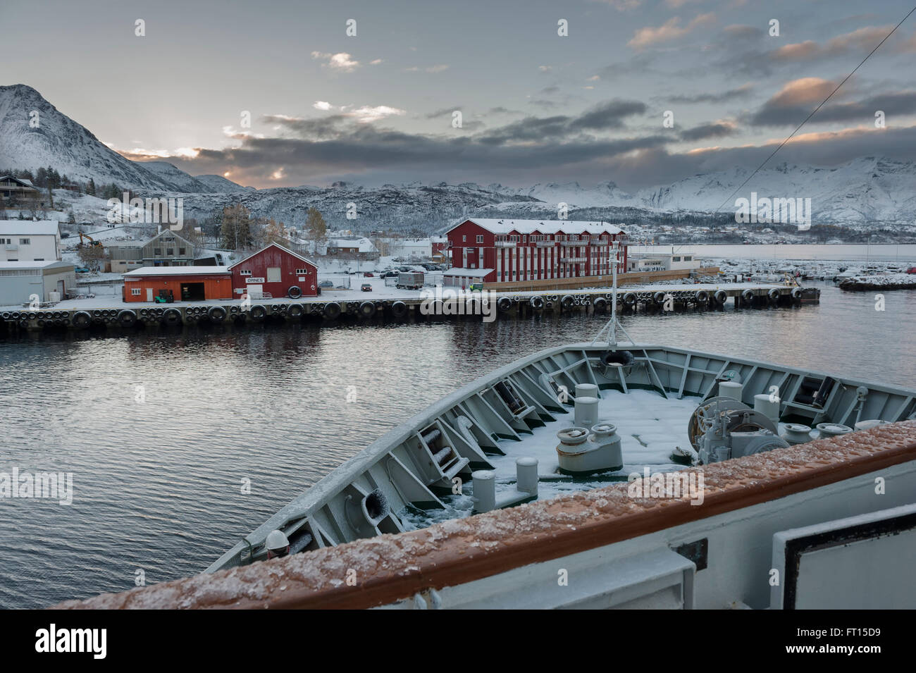 The Hurtigruten ship MS Nordlys approaching Ørnes harbour. Norway. Europe Stock Photo