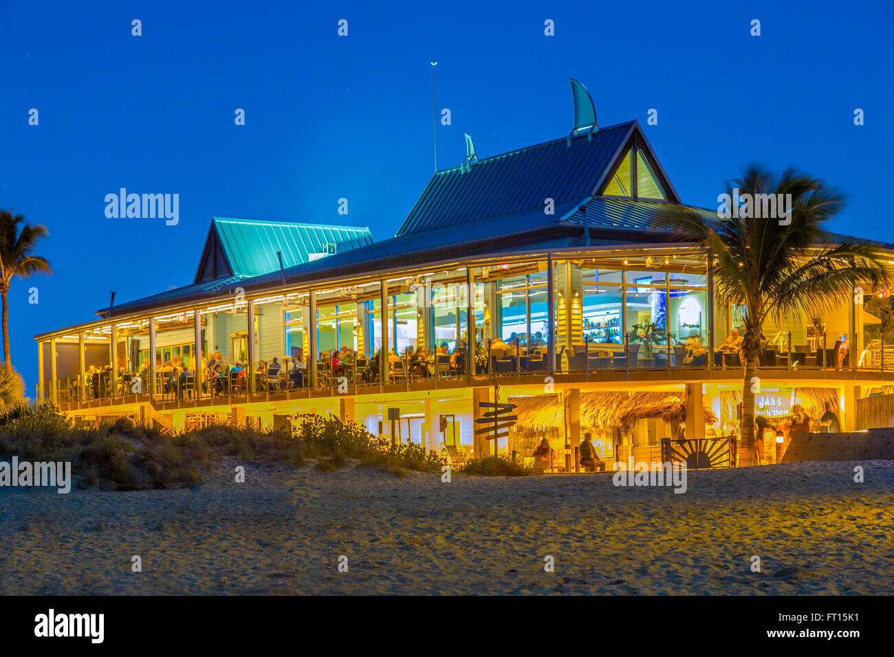 Fins restaurant at Sharky's on the Pier at dusk on the Gulf of Mexico in Venice Florida Stock Photo
