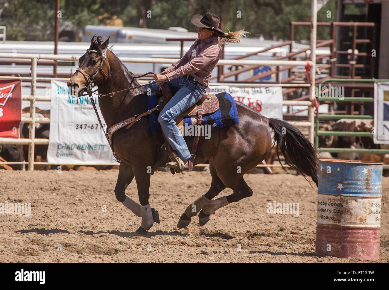 Barrel racing action at a rodeo in Cottonwood, California Stock Photo ...