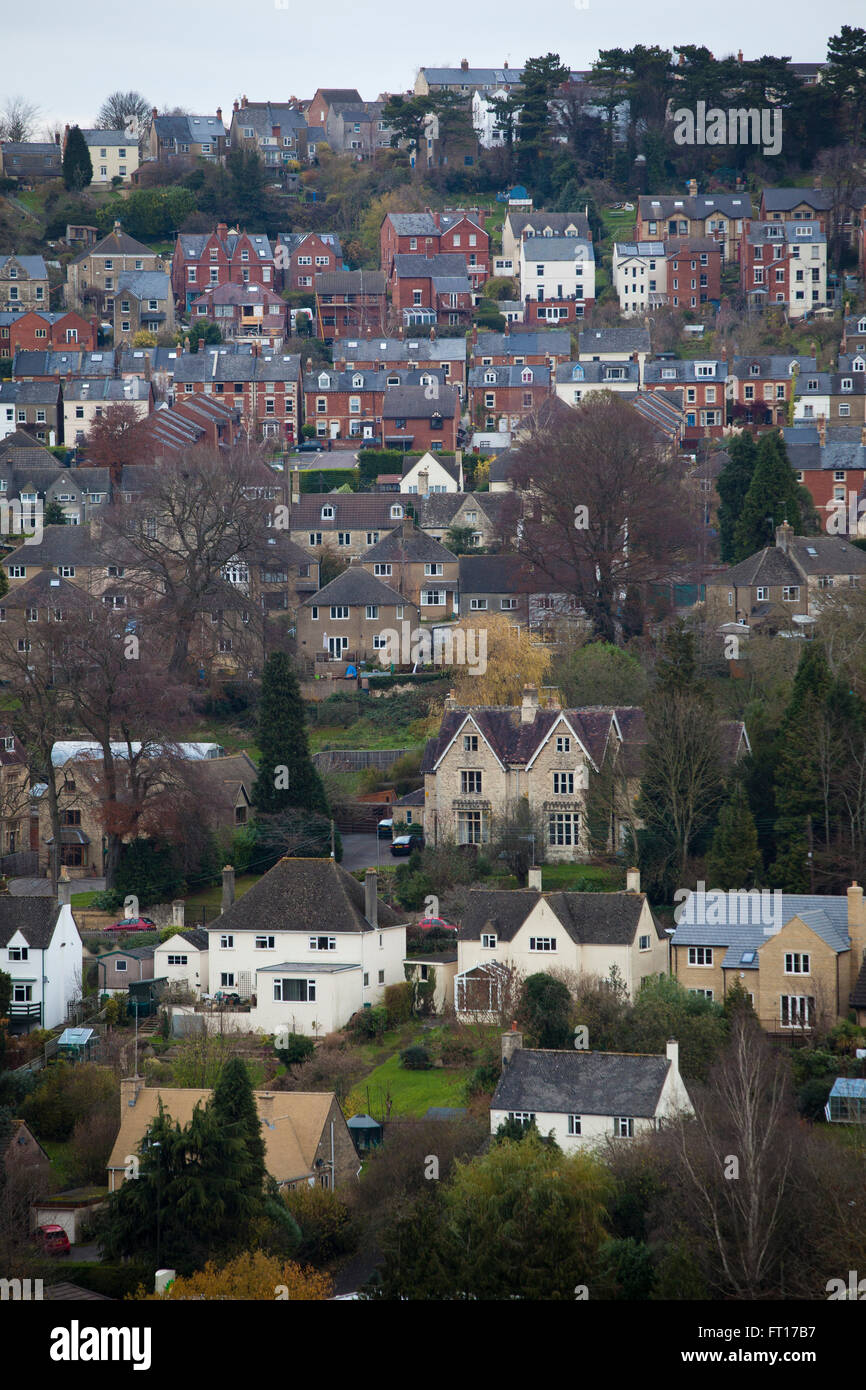 Stroud town in Gloucestershire. PICTURED HERE a view acrtoss the valley to Stroud with some old and modern buidlings. Stock Photo